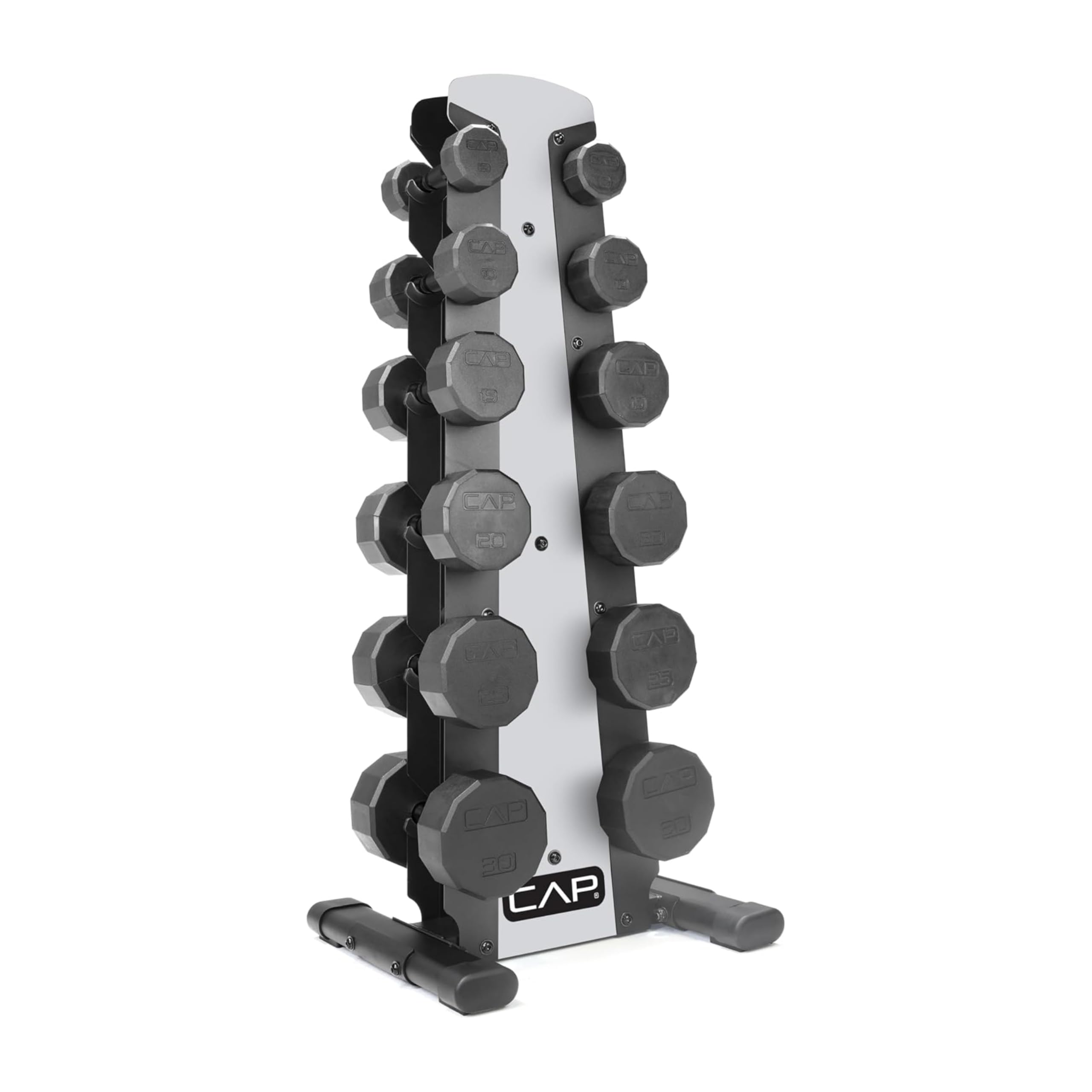 CAP Rubber Coated Hex Dumbbell Set with Storage Rack | 100–210 lb Options, Space-Saving Vertical Compact Storage for Home Gym Strength Training