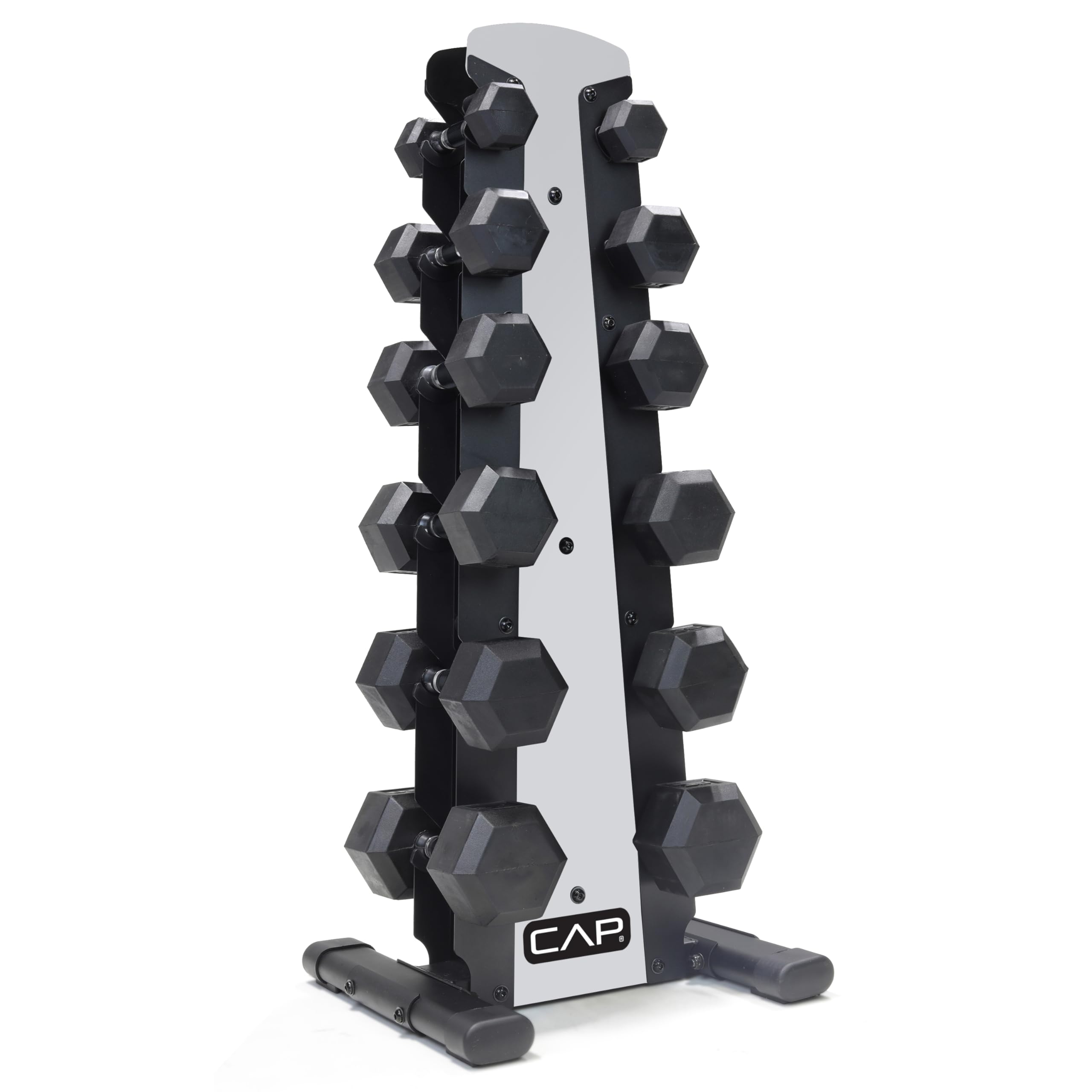 CAP Rubber Coated Hex Dumbbell Set with Storage Rack | 100–210 lb Options, Space-Saving Vertical Compact Storage for Home Gym Strength Training