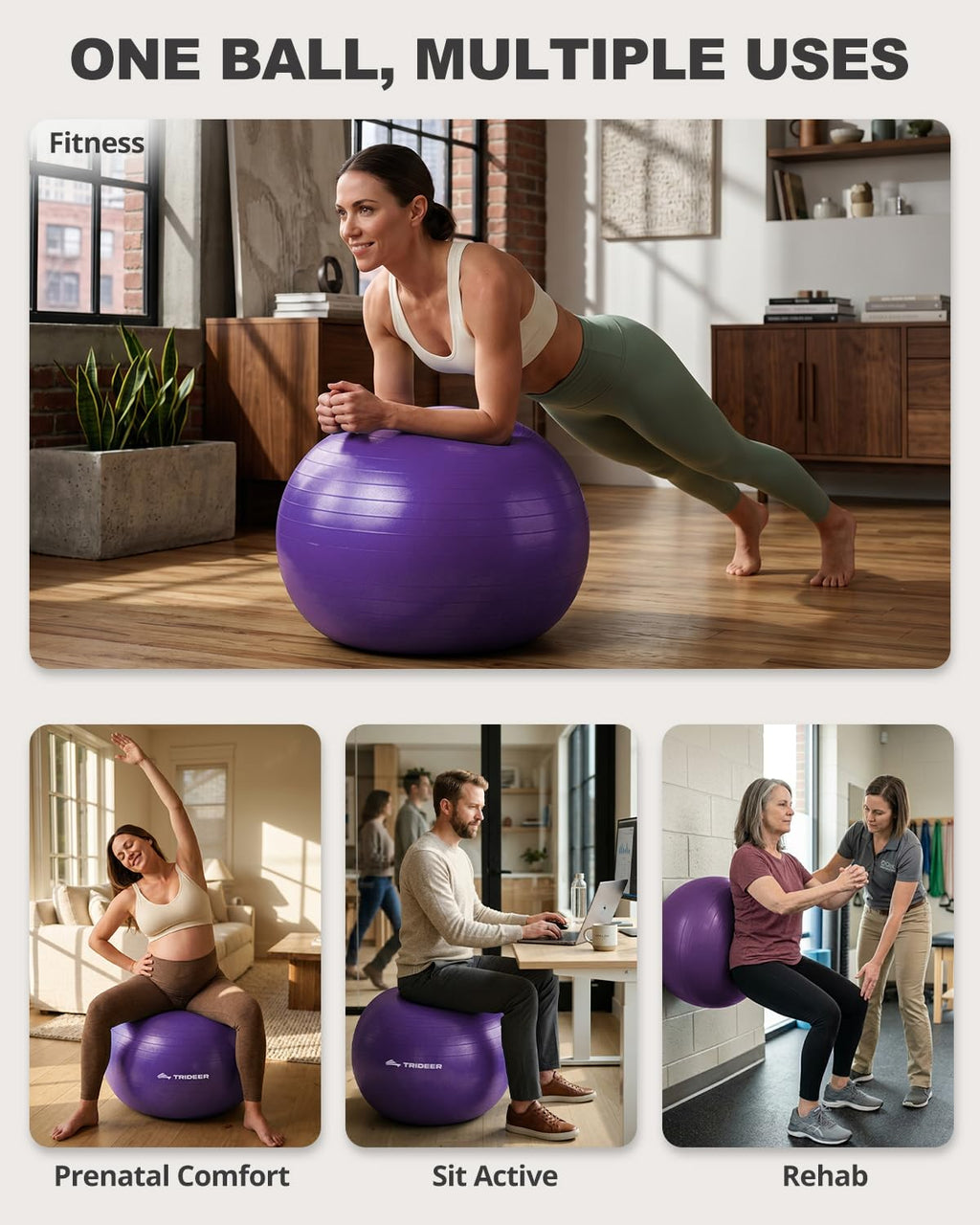 Trideer Yoga Ball for Exercise, Pilates, Core & Balance Training, Stability Ball for Pregnancy & Birthing Prep, Physical Therapy, Daily Stretching, Office Chair for Active Sitting, Quick Pump Included