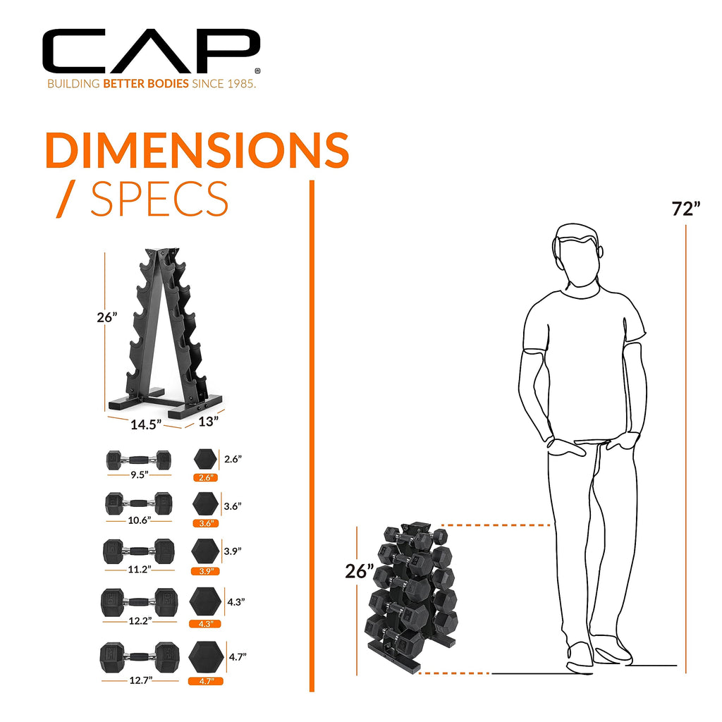 CAP Rubber Coated Hex Dumbbell Set with Storage Rack | 100–210 lb Options, Space-Saving Vertical Compact Storage for Home Gym Strength Training