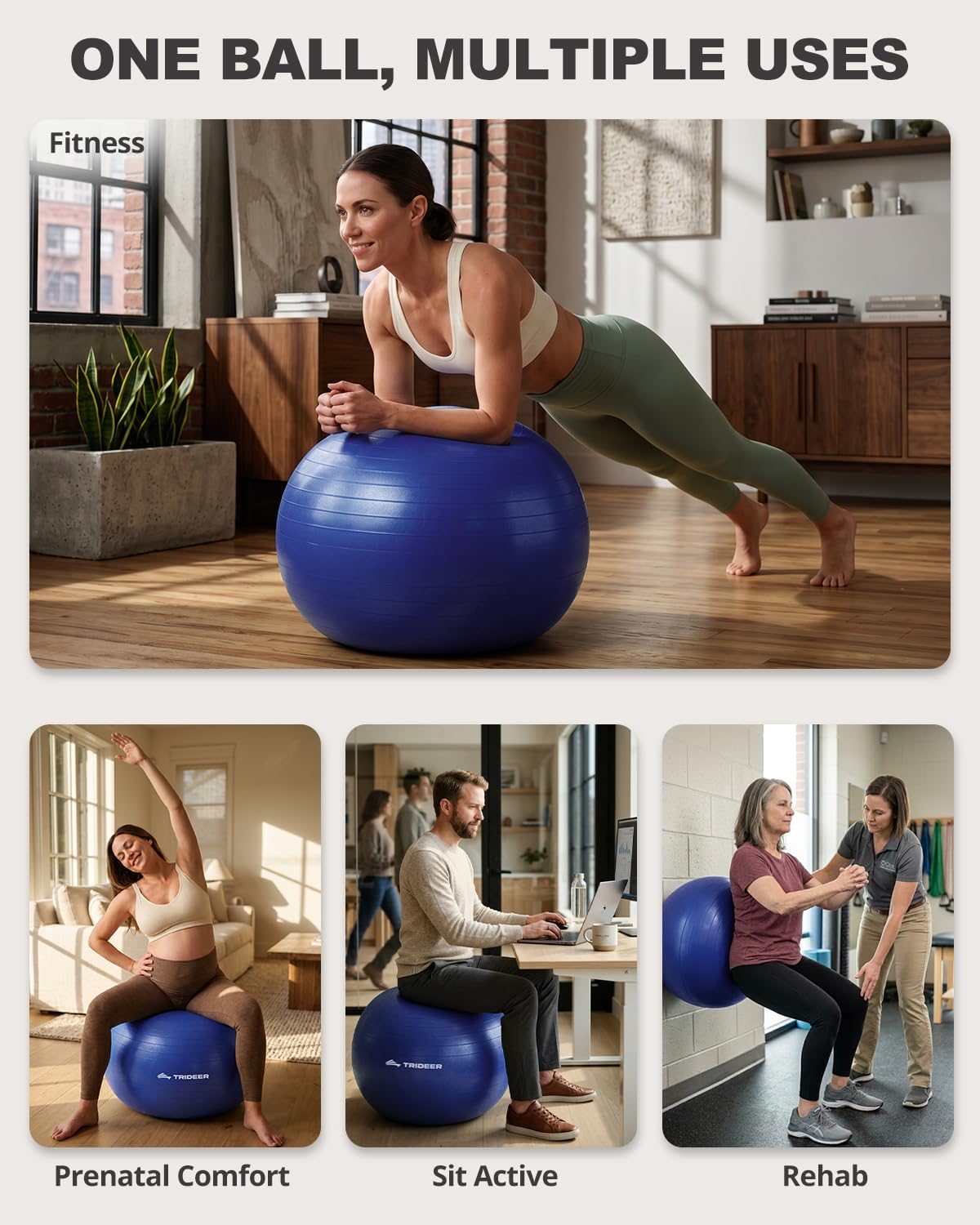 Trideer Yoga Ball for Exercise, Pilates, Core & Balance Training, Stability Ball for Pregnancy & Birthing Prep, Physical Therapy, Daily Stretching, Office Chair for Active Sitting, Quick Pump Included