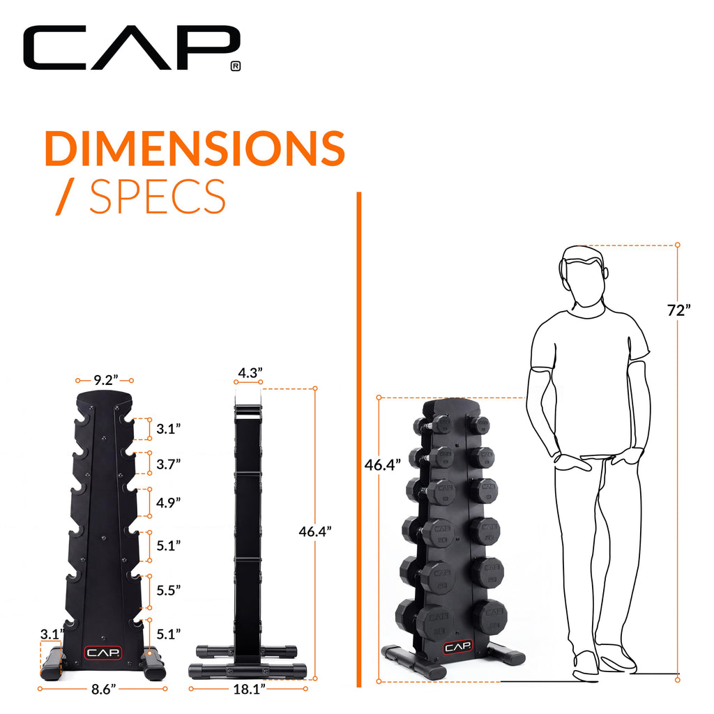 CAP Rubber Coated Hex Dumbbell Set with Storage Rack | 100–210 lb Options, Space-Saving Vertical Compact Storage for Home Gym Strength Training