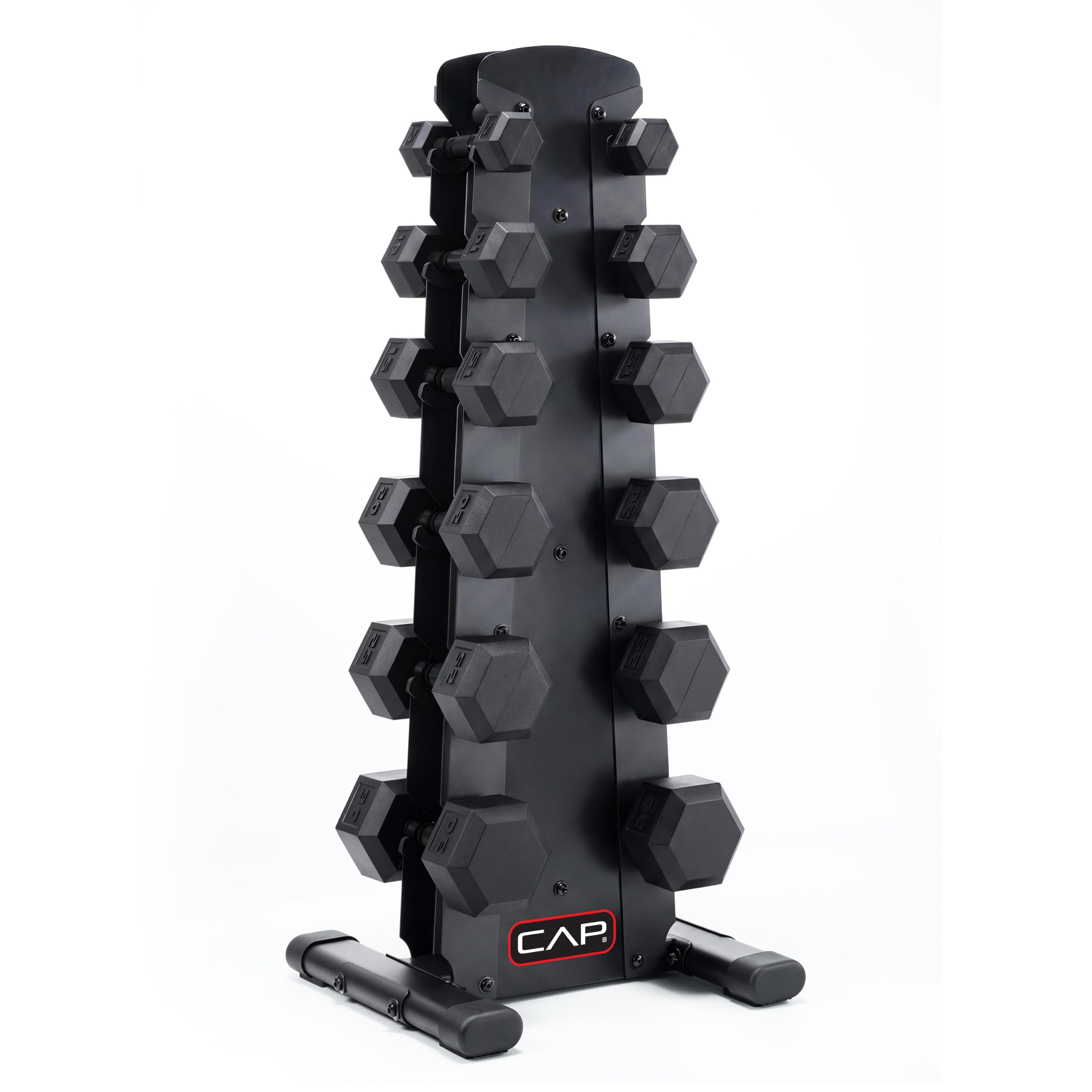CAP Rubber Coated Hex Dumbbell Set with Storage Rack | 100–210 lb Options, Space-Saving Vertical Compact Storage for Home Gym Strength Training