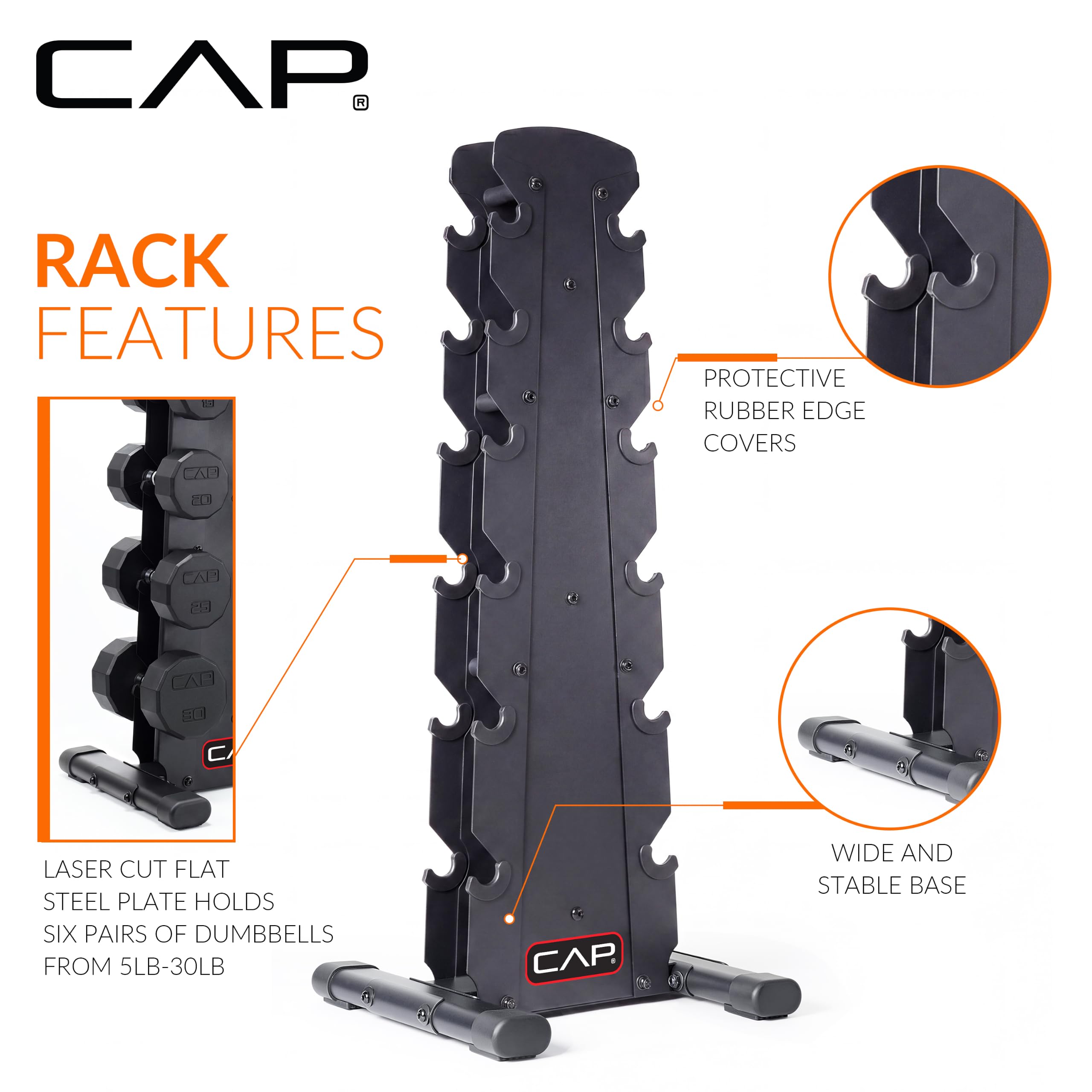 CAP Rubber Coated Hex Dumbbell Set with Storage Rack | 100–210 lb Options, Space-Saving Vertical Compact Storage for Home Gym Strength Training