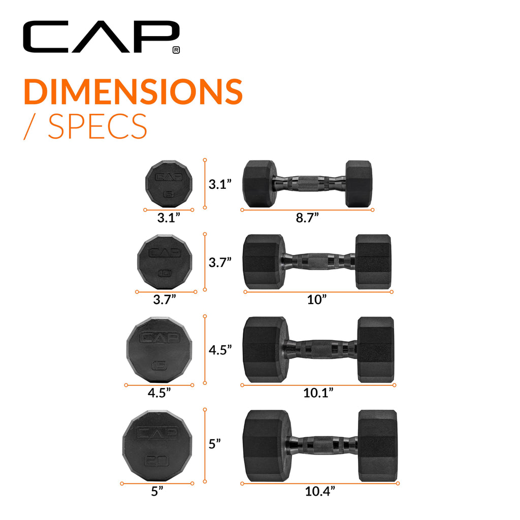CAP Rubber Coated Hex Dumbbell Set with Storage Rack | 100–210 lb Options, Space-Saving Vertical Compact Storage for Home Gym Strength Training