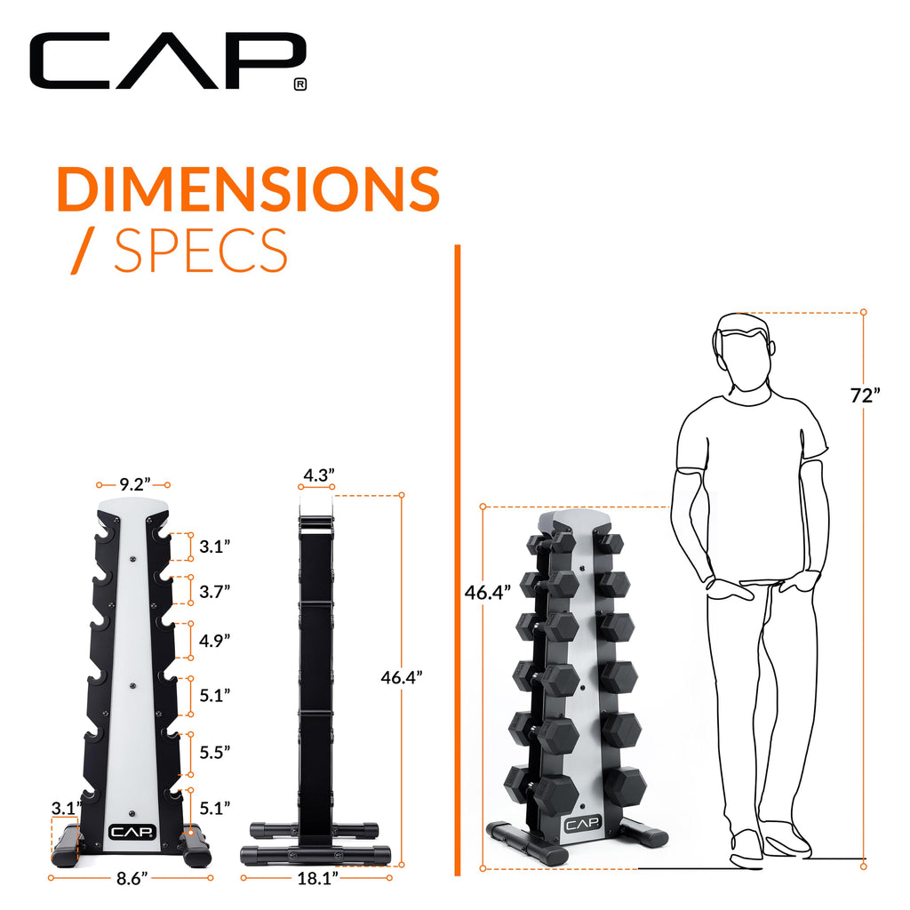 CAP Rubber Coated Hex Dumbbell Set with Storage Rack | 100–210 lb Options, Space-Saving Vertical Compact Storage for Home Gym Strength Training