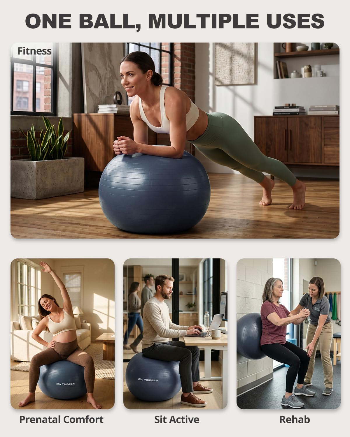 Trideer Yoga Ball for Exercise, Pilates, Core & Balance Training, Stability Ball for Pregnancy & Birthing Prep, Physical Therapy, Daily Stretching, Office Chair for Active Sitting, Quick Pump Included