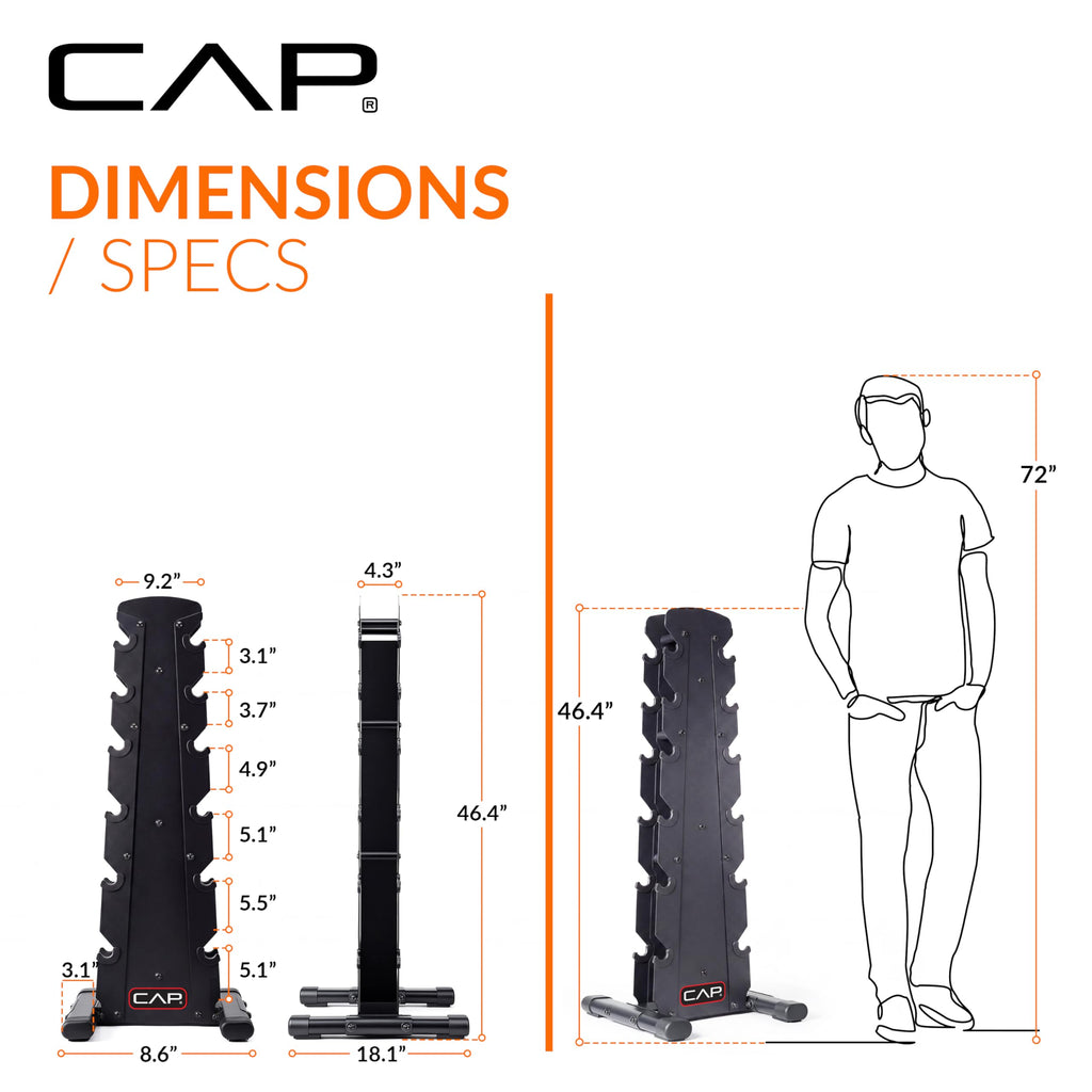 CAP Rubber Coated Hex Dumbbell Set with Storage Rack | 100–210 lb Options, Space-Saving Vertical Compact Storage for Home Gym Strength Training