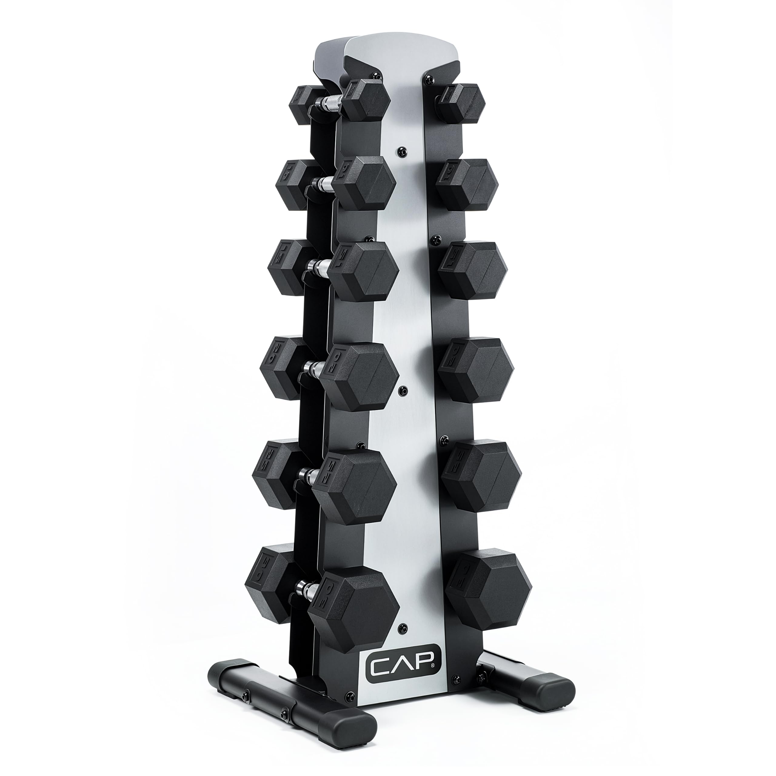CAP Rubber Coated Hex Dumbbell Set with Storage Rack | 100–210 lb Options, Space-Saving Vertical Compact Storage for Home Gym Strength Training