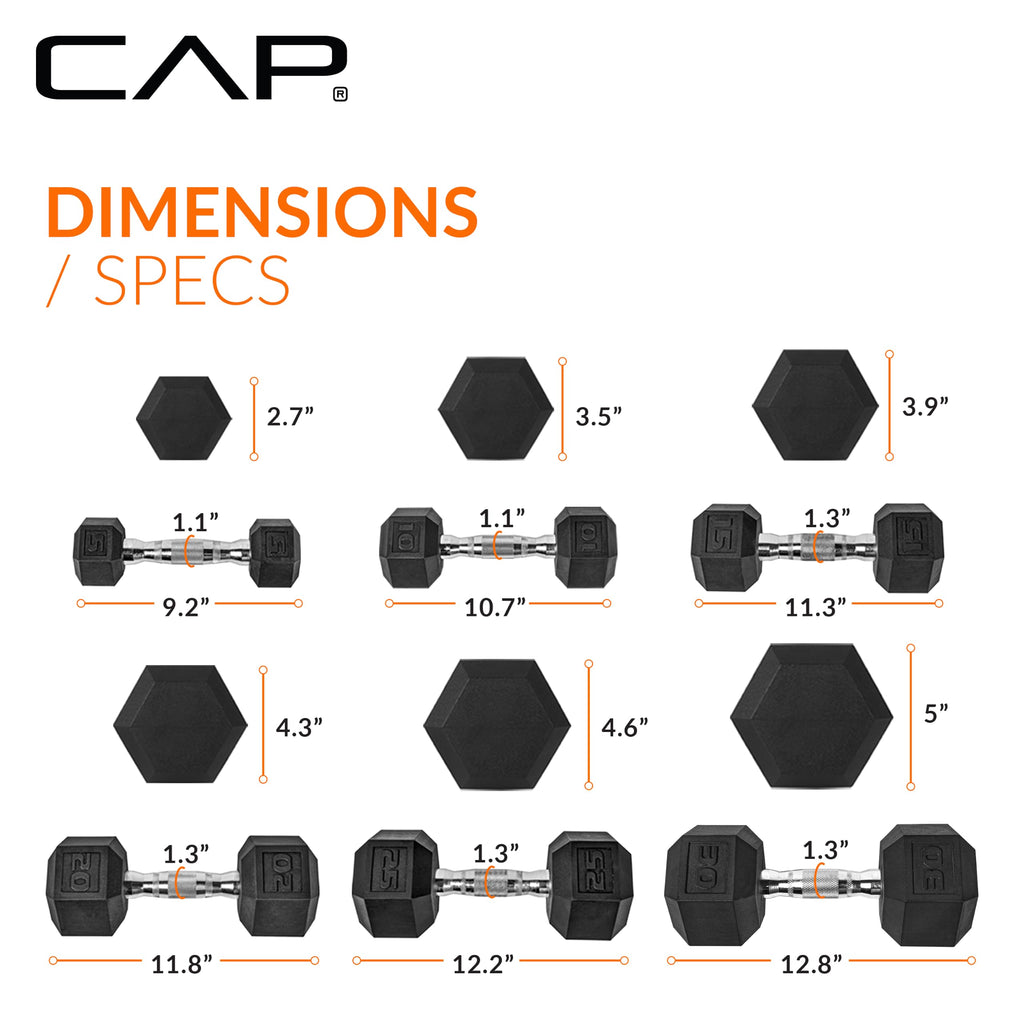 CAP Rubber Coated Hex Dumbbell Set with Storage Rack | 100–210 lb Options, Space-Saving Vertical Compact Storage for Home Gym Strength Training
