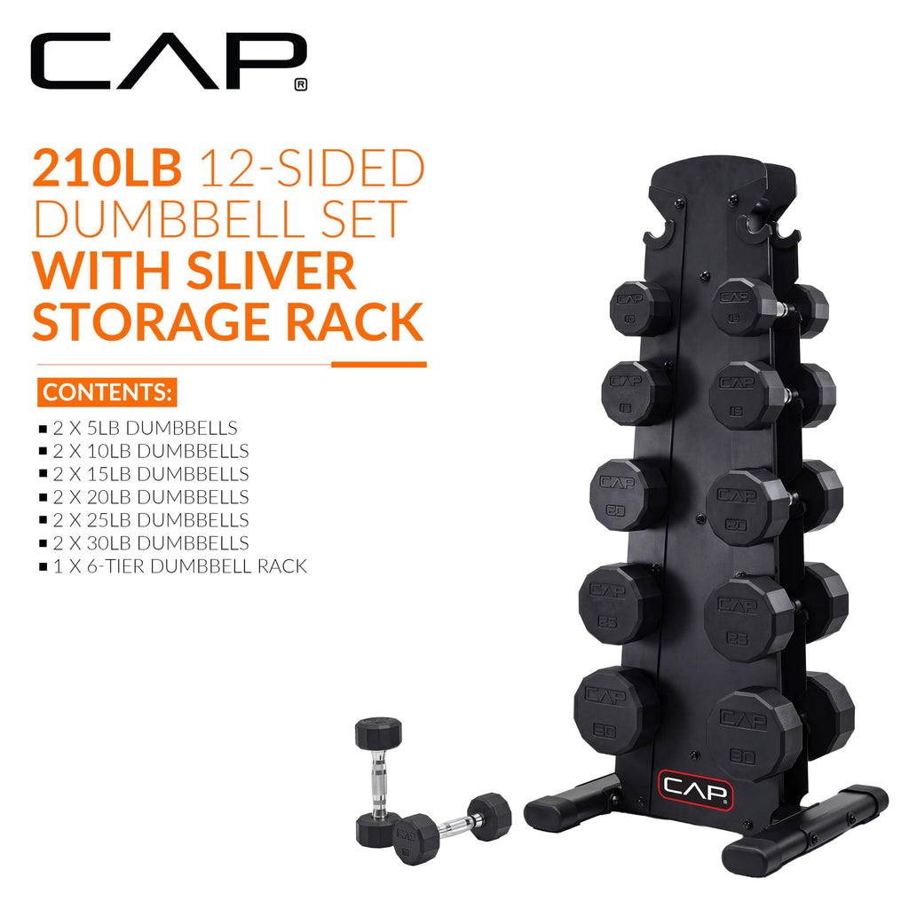 CAP Rubber Coated Hex Dumbbell Set with Storage Rack | 100–210 lb Options, Space-Saving Vertical Compact Storage for Home Gym Strength Training