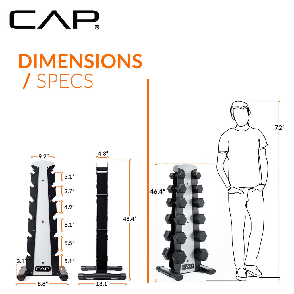 CAP Rubber Coated Hex Dumbbell Set with Storage Rack | 100–210 lb Options, Space-Saving Vertical Compact Storage for Home Gym Strength Training