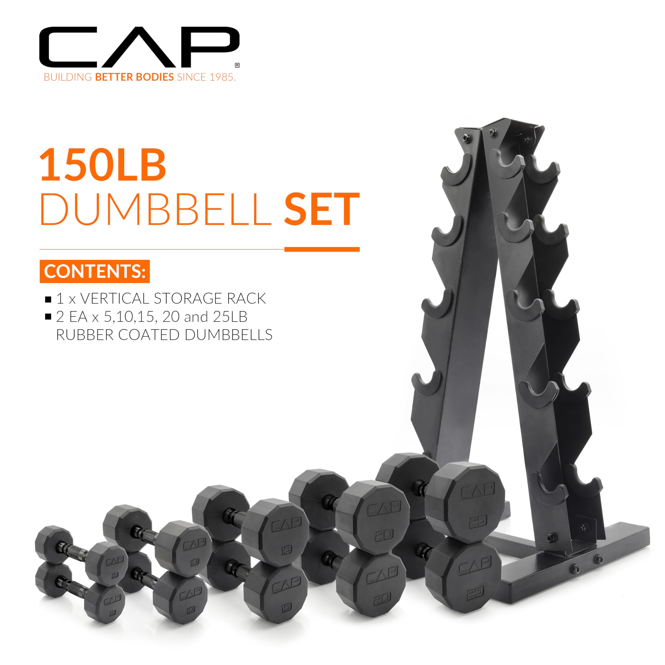 CAP Rubber Coated Hex Dumbbell Set with Storage Rack | 100–210 lb Options, Space-Saving Vertical Compact Storage for Home Gym Strength Training