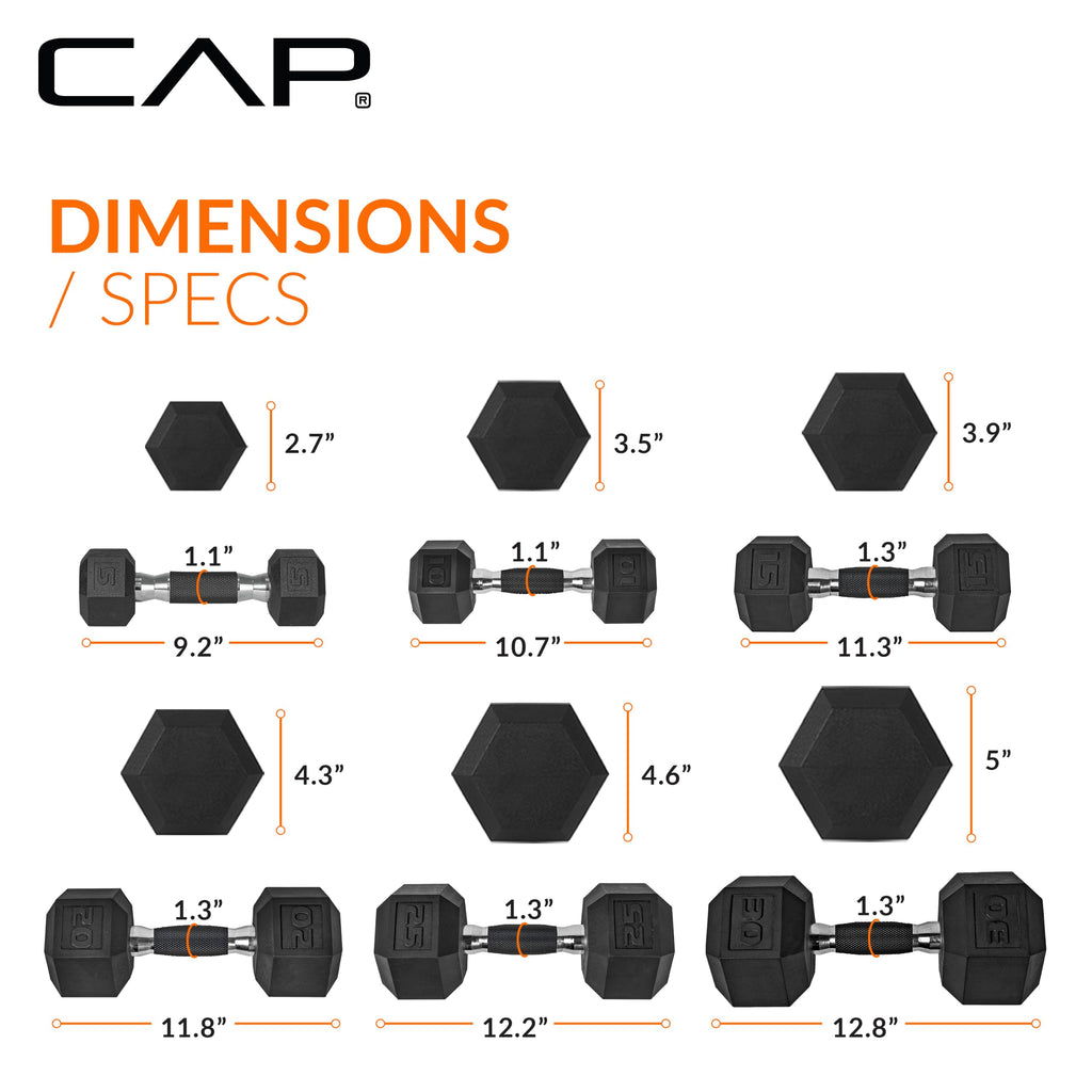 CAP Rubber Coated Hex Dumbbell Set with Storage Rack | 100–210 lb Options, Space-Saving Vertical Compact Storage for Home Gym Strength Training