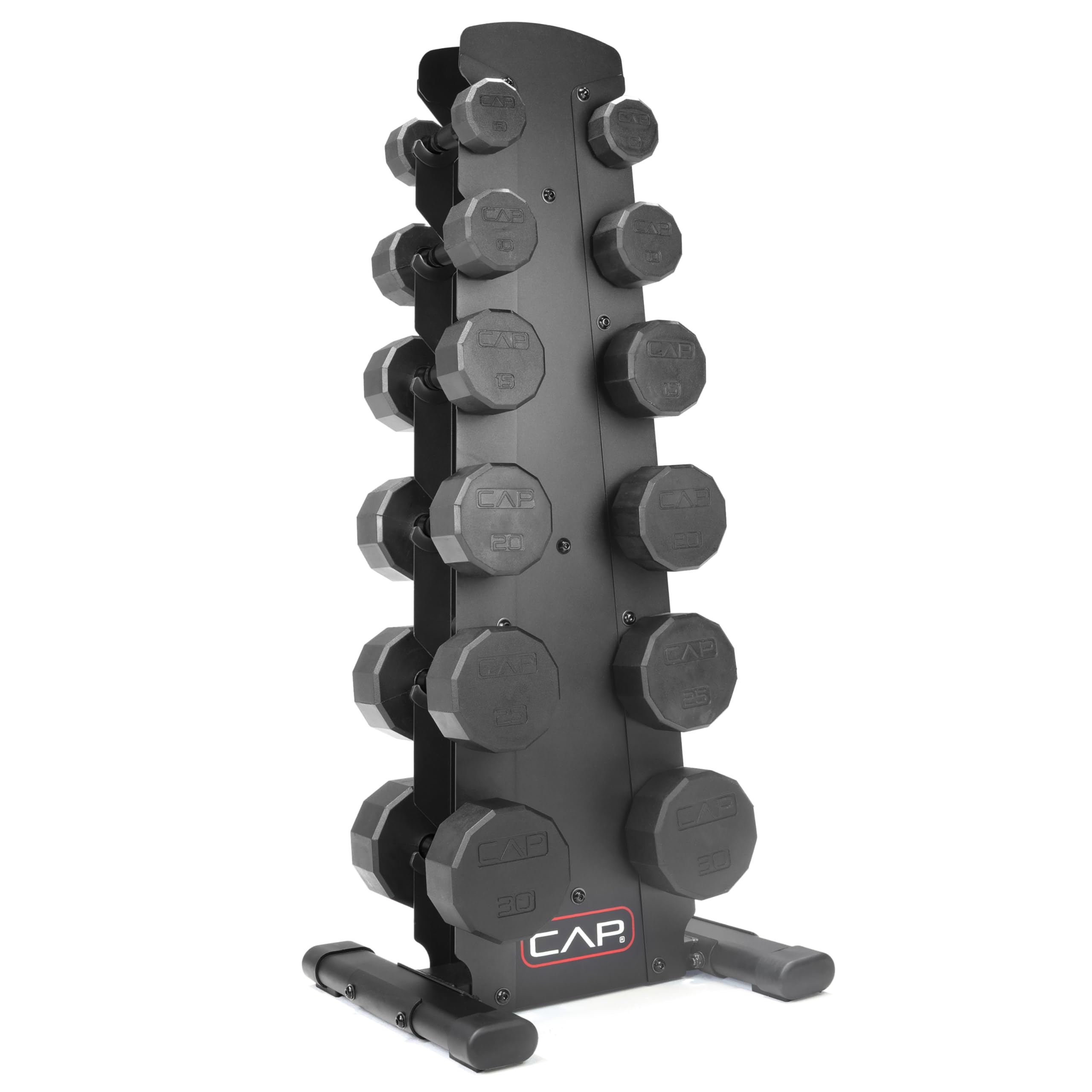 CAP Rubber Coated Hex Dumbbell Set with Storage Rack | 100–210 lb Options, Space-Saving Vertical Compact Storage for Home Gym Strength Training