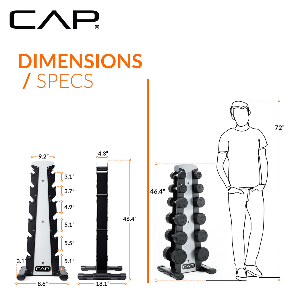 CAP Rubber Coated Hex Dumbbell Set with Storage Rack | 100–210 lb Options, Space-Saving Vertical Compact Storage for Home Gym Strength Training