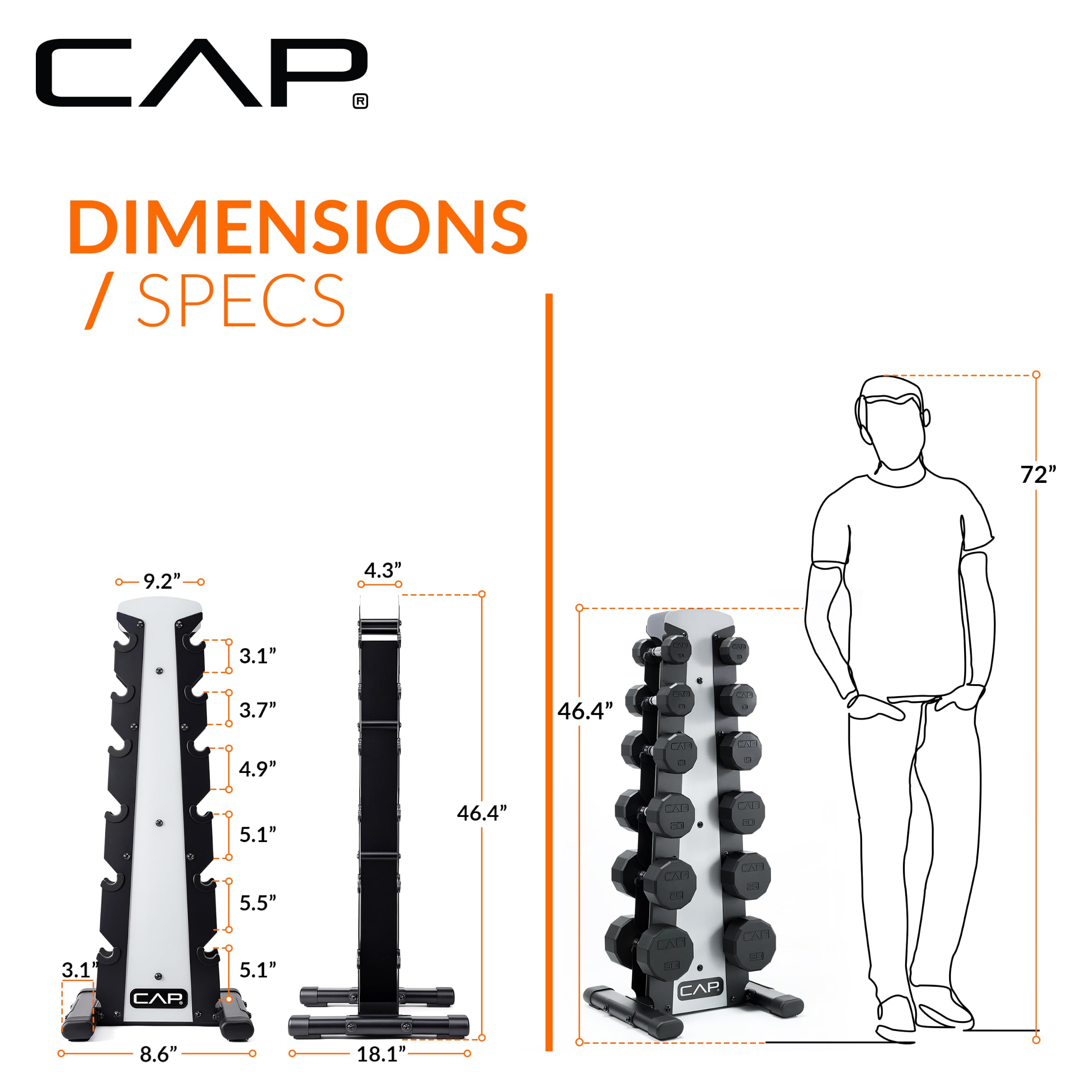 CAP Rubber Coated Hex Dumbbell Set with Storage Rack | 100–210 lb Options, Space-Saving Vertical Compact Storage for Home Gym Strength Training