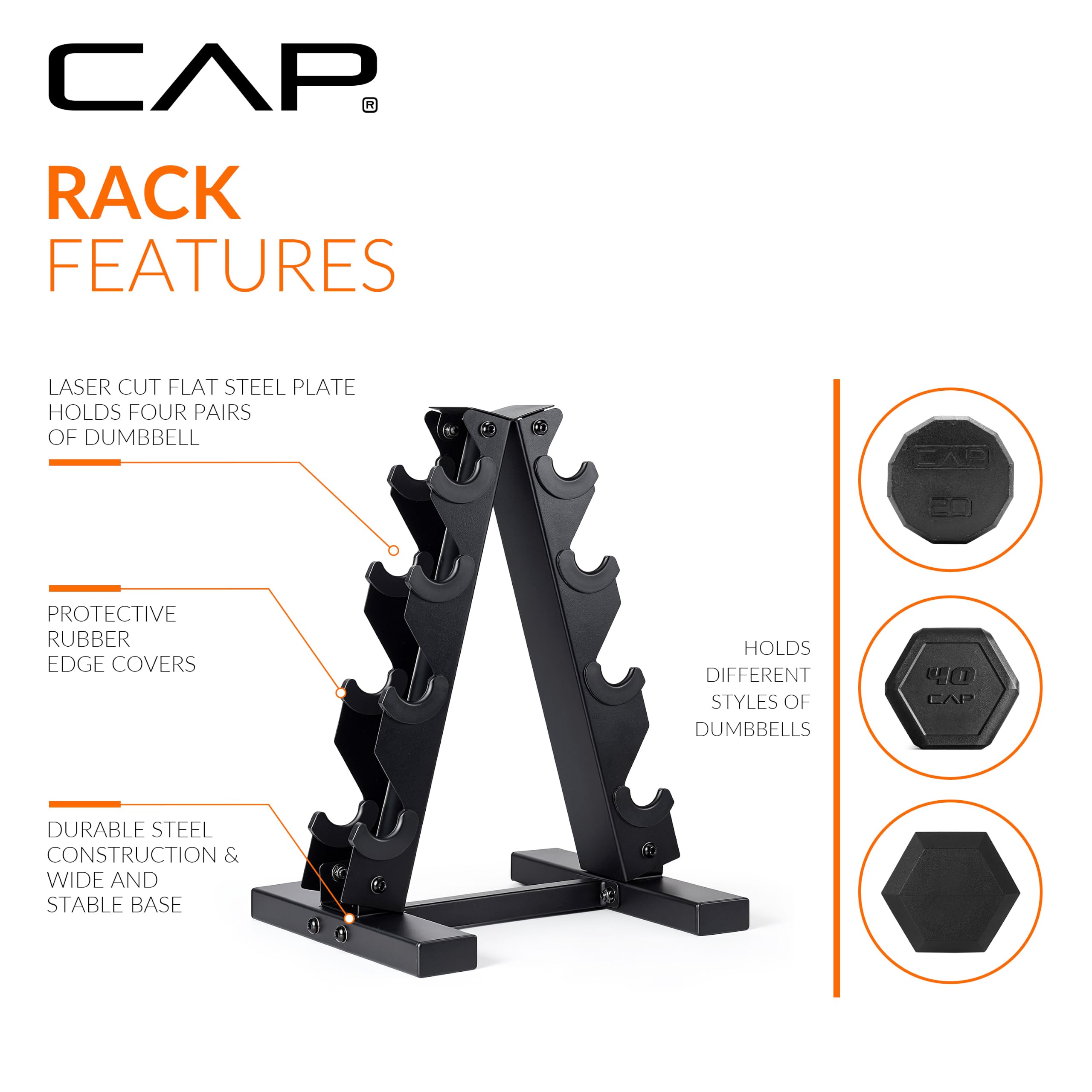 CAP Rubber Coated Hex Dumbbell Set with Storage Rack | 100–210 lb Options, Space-Saving Vertical Compact Storage for Home Gym Strength Training