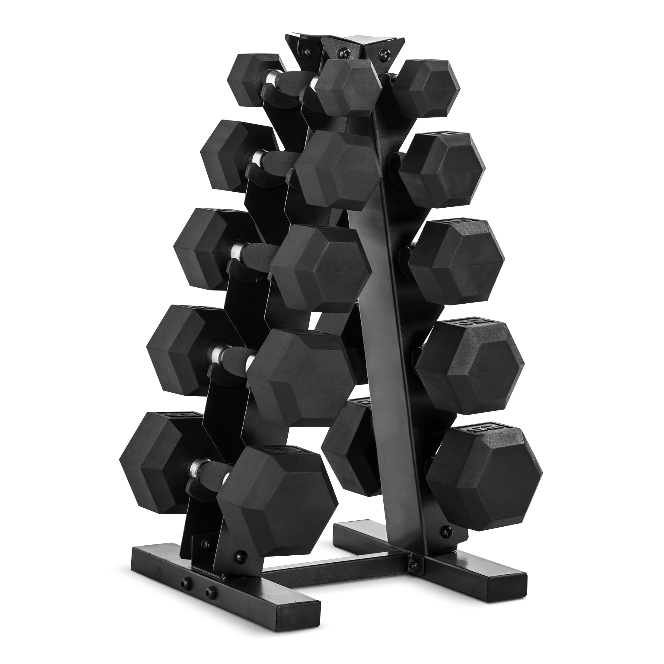 CAP Rubber Coated Hex Dumbbell Set with Storage Rack | 100–210 lb Options, Space-Saving Vertical Compact Storage for Home Gym Strength Training