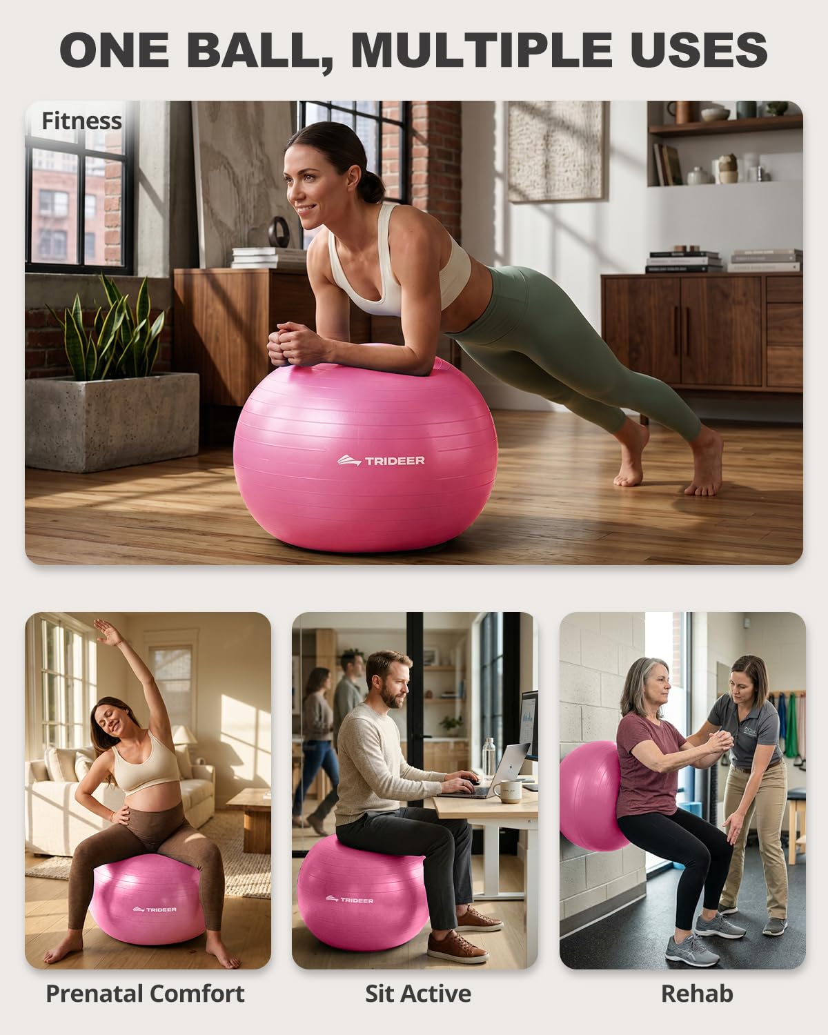 Trideer Yoga Ball for Exercise, Pilates, Core & Balance Training, Stability Ball for Pregnancy & Birthing Prep, Physical Therapy, Daily Stretching, Office Chair for Active Sitting, Quick Pump Included