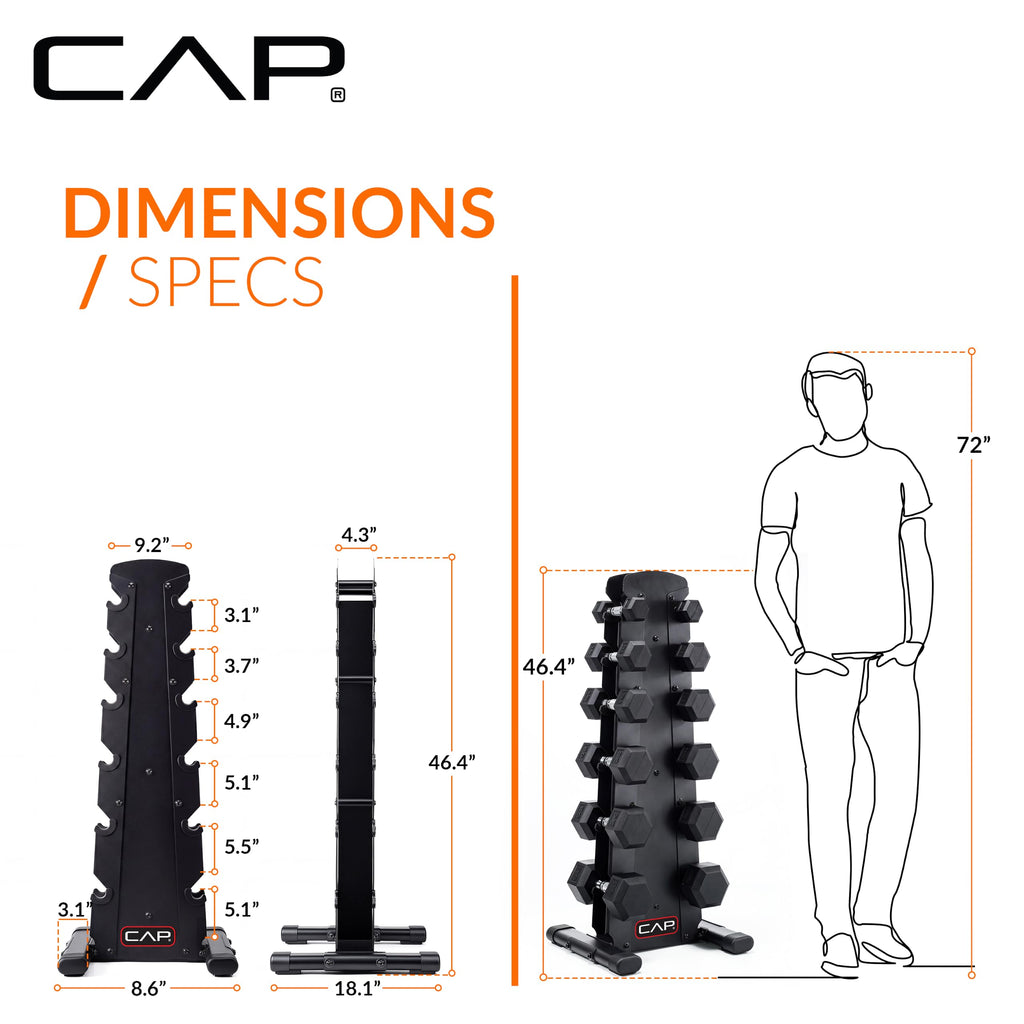 CAP Rubber Coated Hex Dumbbell Set with Storage Rack | 100–210 lb Options, Space-Saving Vertical Compact Storage for Home Gym Strength Training