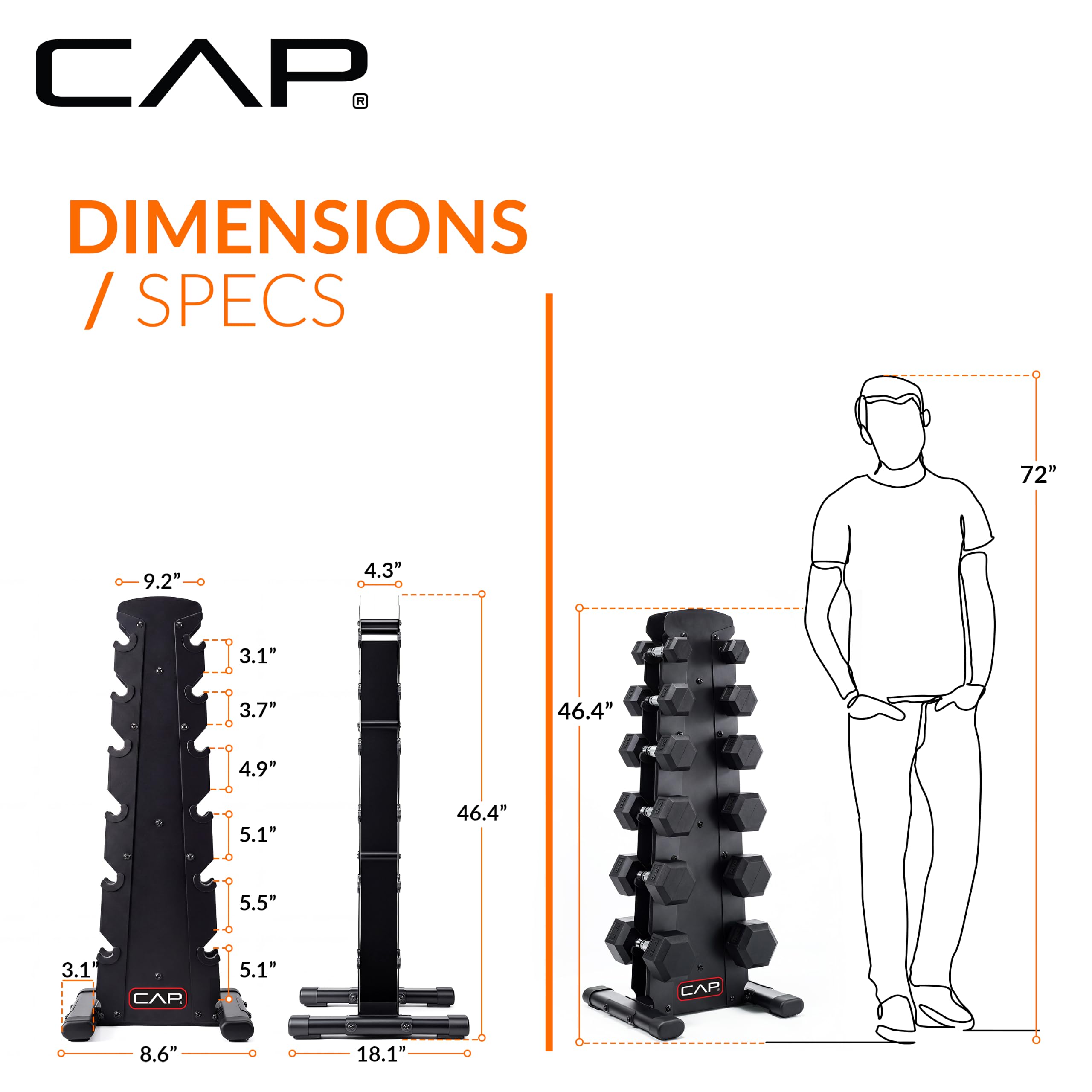 CAP Rubber Coated Hex Dumbbell Set with Storage Rack | 100–210 lb Options, Space-Saving Vertical Compact Storage for Home Gym Strength Training