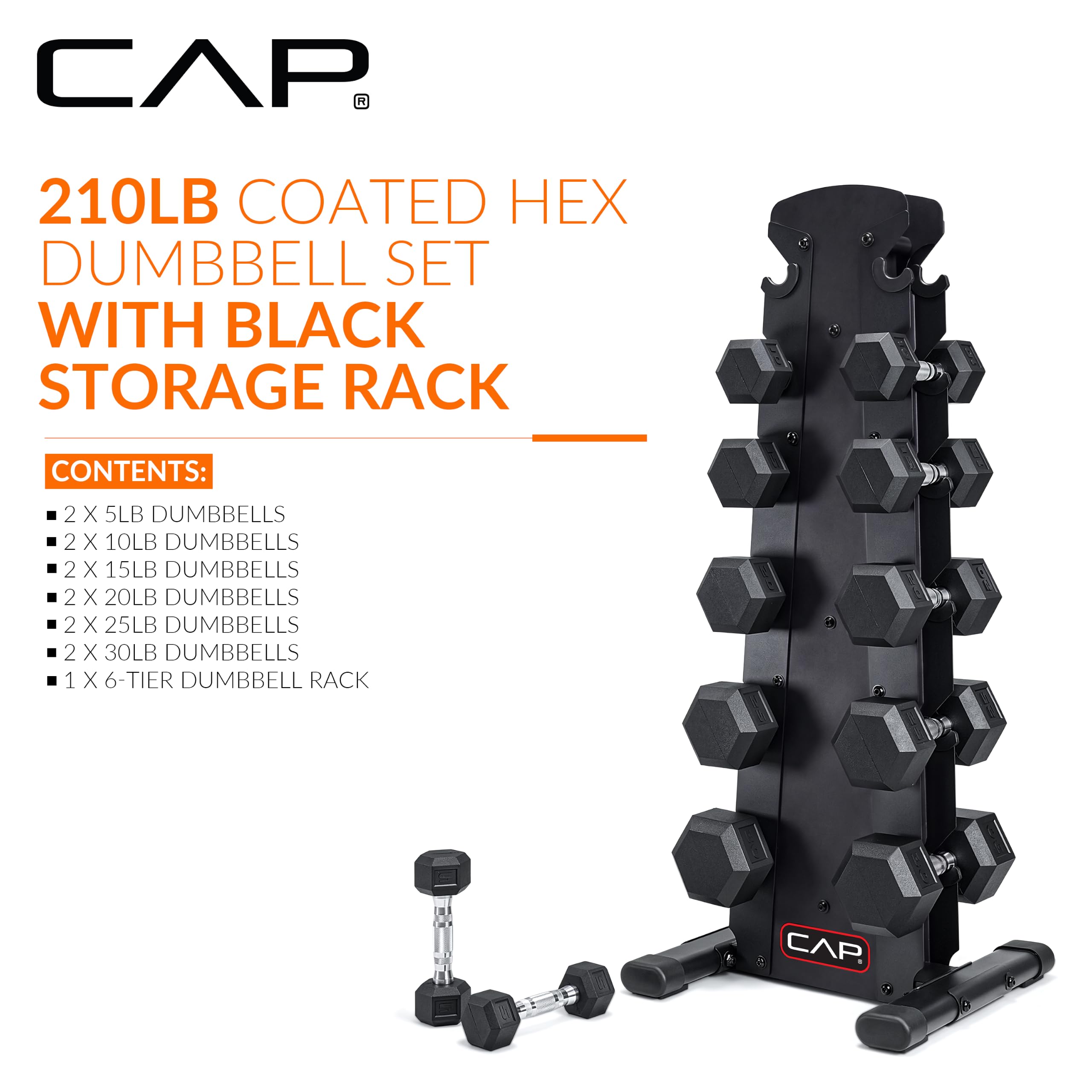 CAP Rubber Coated Hex Dumbbell Set with Storage Rack | 100–210 lb Options, Space-Saving Vertical Compact Storage for Home Gym Strength Training