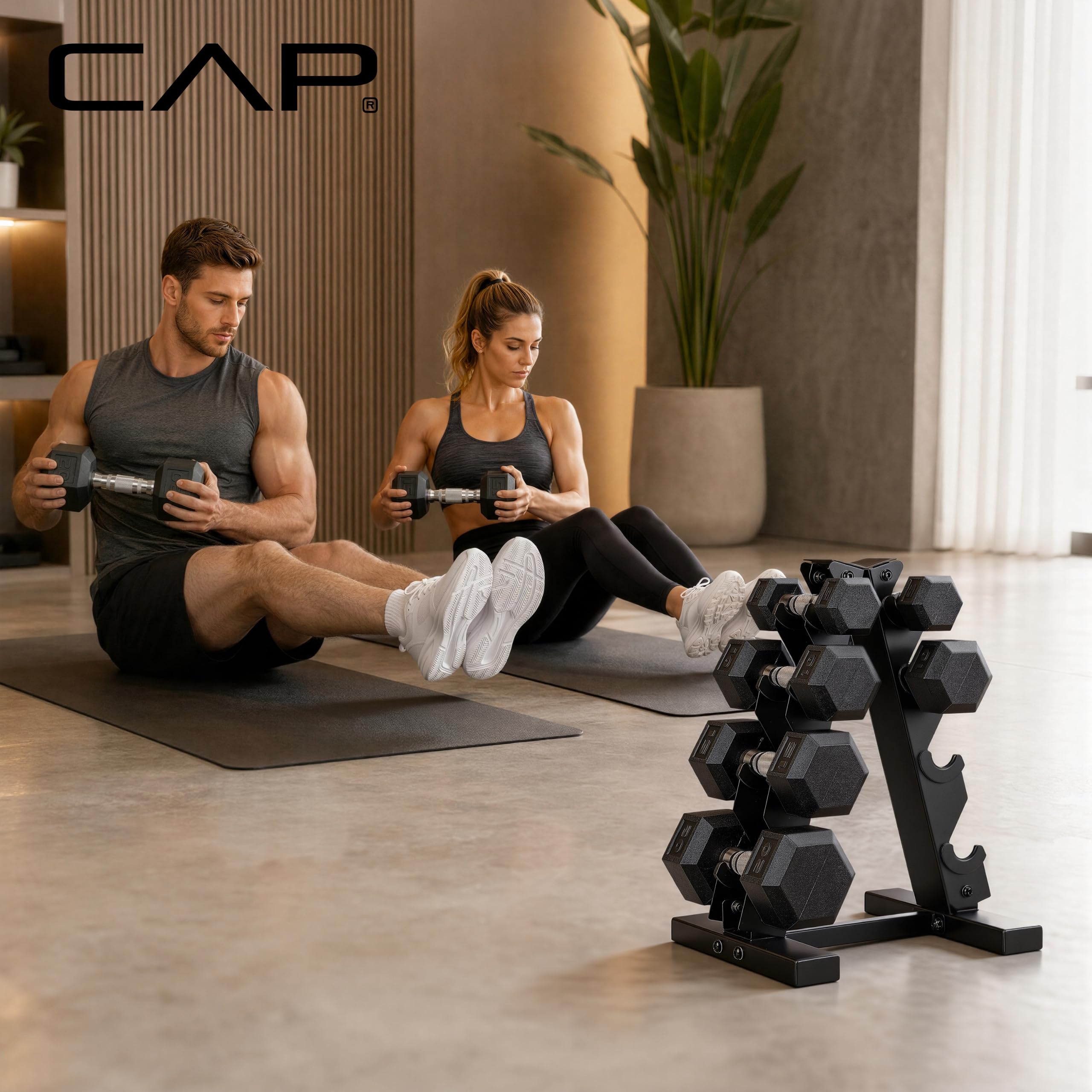 CAP Rubber Coated Hex Dumbbell Set with Storage Rack | 100–210 lb Options, Space-Saving Vertical Compact Storage for Home Gym Strength Training