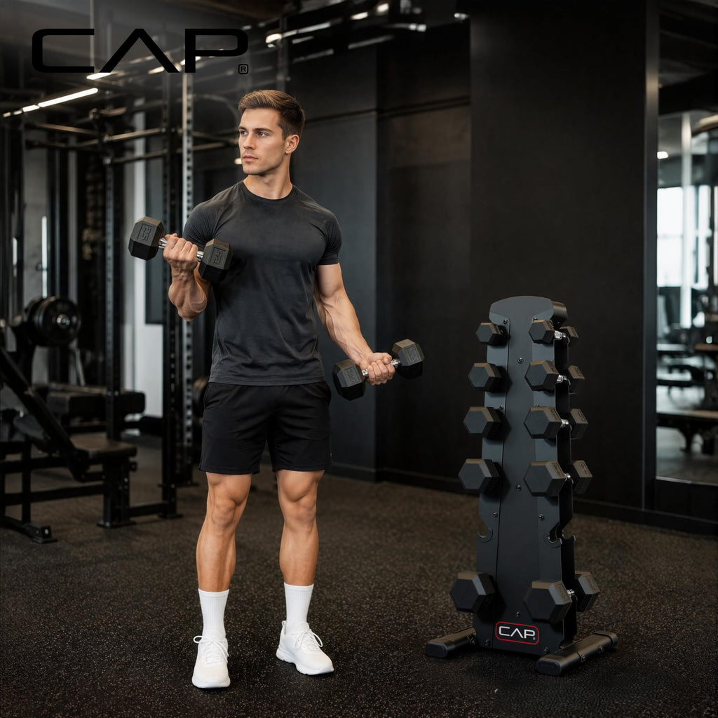 CAP Rubber Coated Hex Dumbbell Set with Storage Rack | 100–210 lb Options, Space-Saving Vertical Compact Storage for Home Gym Strength Training