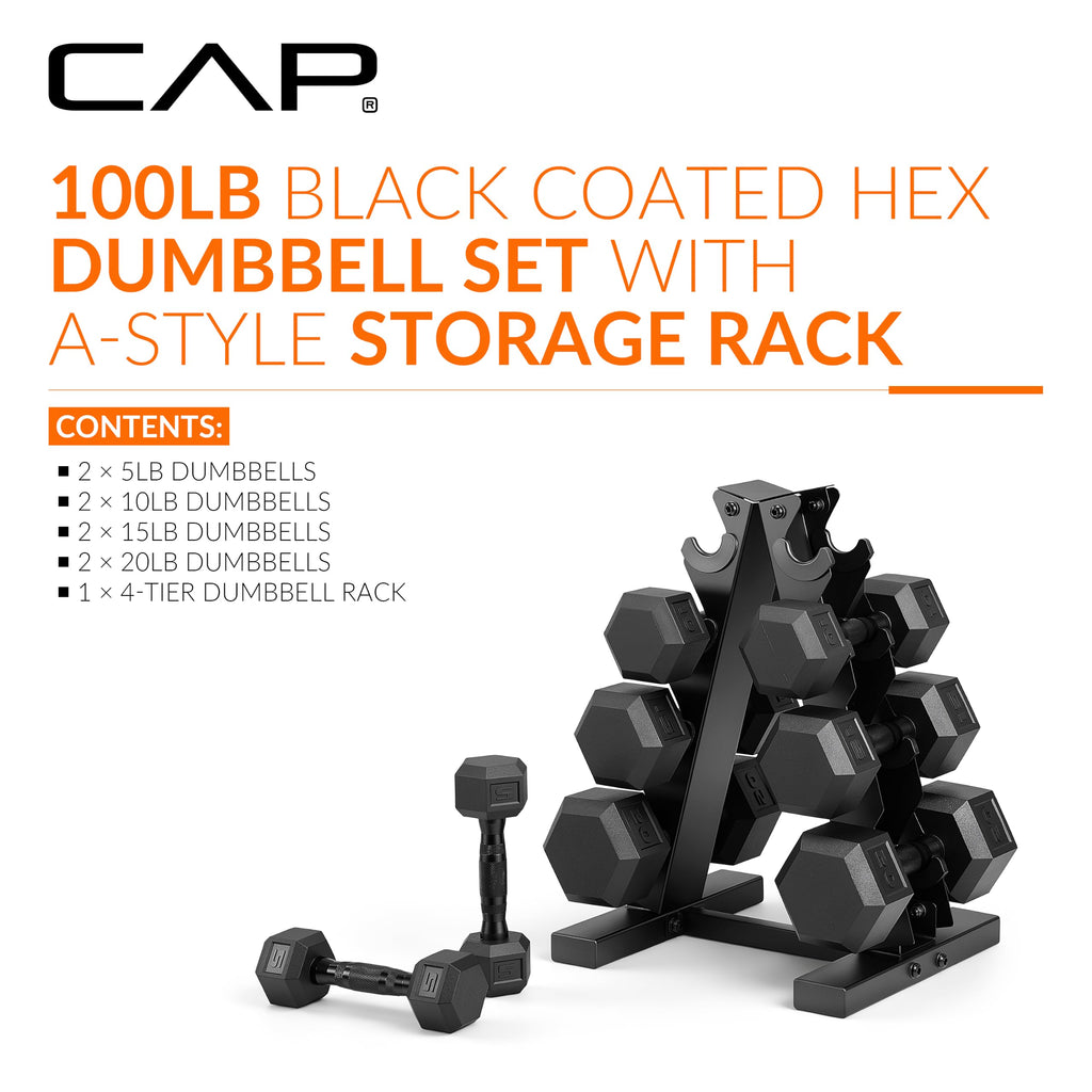 CAP Rubber Coated Hex Dumbbell Set with Storage Rack | 100–210 lb Options, Space-Saving Vertical Compact Storage for Home Gym Strength Training