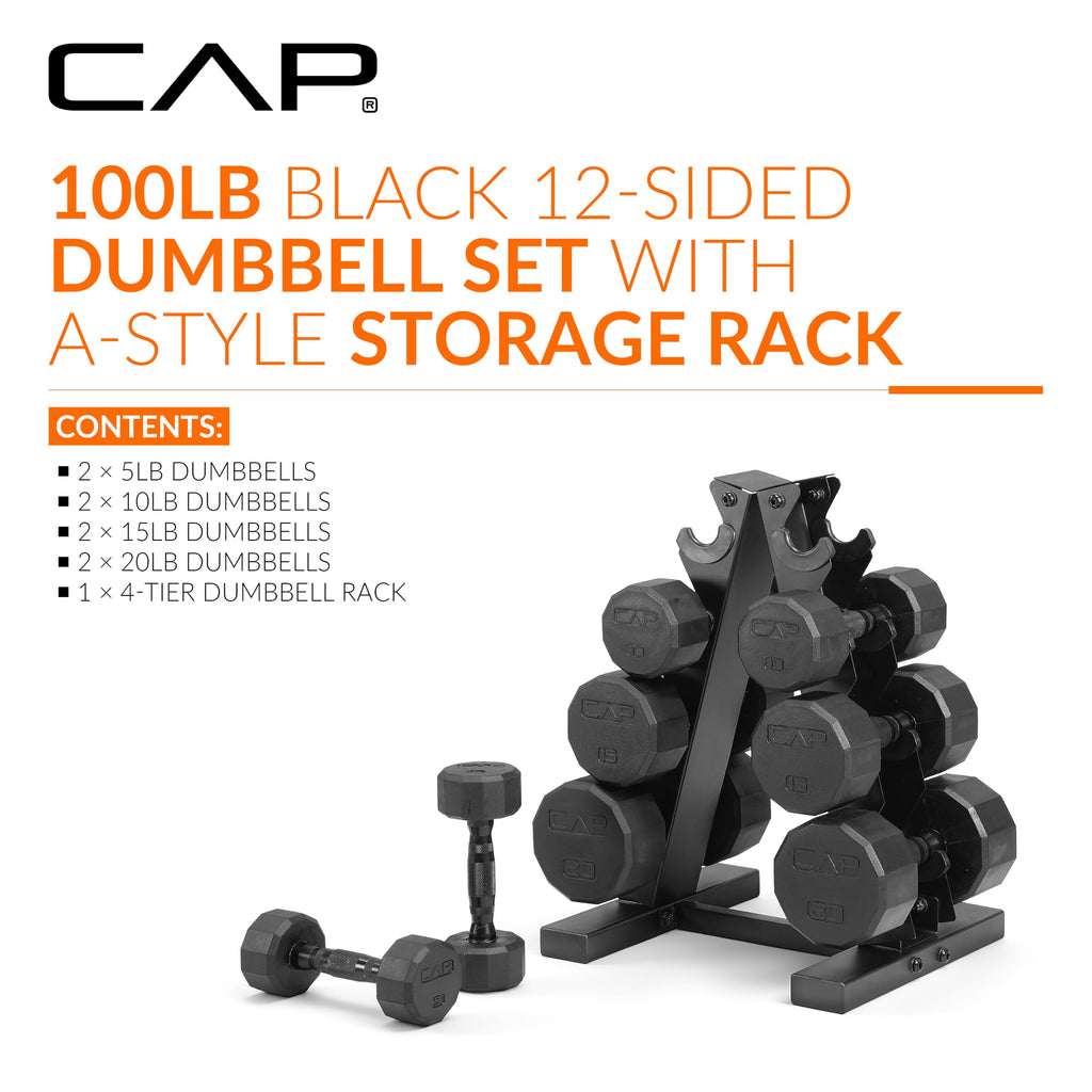 CAP Rubber Coated Hex Dumbbell Set with Storage Rack | 100–210 lb Options, Space-Saving Vertical Compact Storage for Home Gym Strength Training