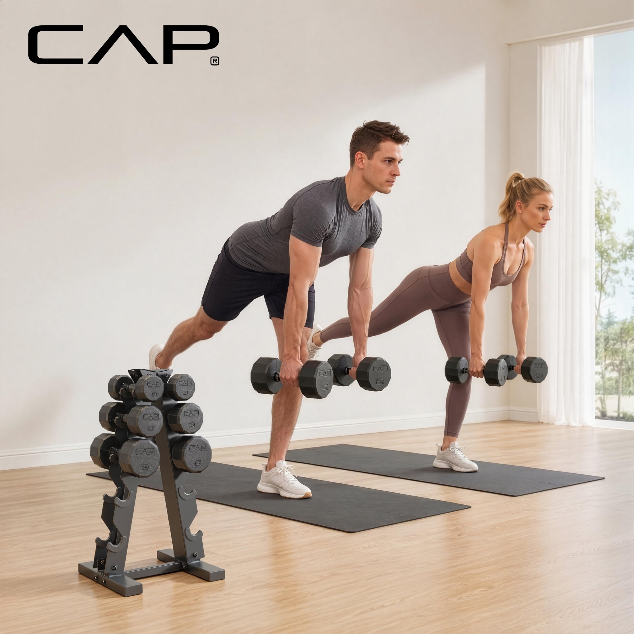 CAP Rubber Coated Hex Dumbbell Set with Storage Rack | 100–210 lb Options, Space-Saving Vertical Compact Storage for Home Gym Strength Training