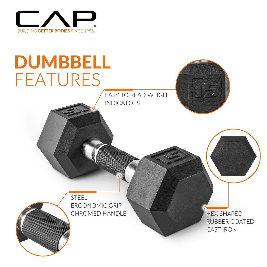 CAP Rubber Coated Hex Dumbbell Set with Storage Rack | 100–210 lb Options, Space-Saving Vertical Compact Storage for Home Gym Strength Training