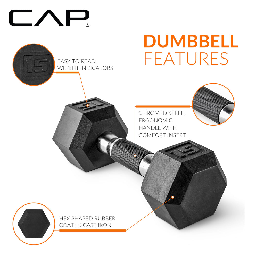 CAP Rubber Coated Hex Dumbbell Set with Storage Rack | 100–210 lb Options, Space-Saving Vertical Compact Storage for Home Gym Strength Training