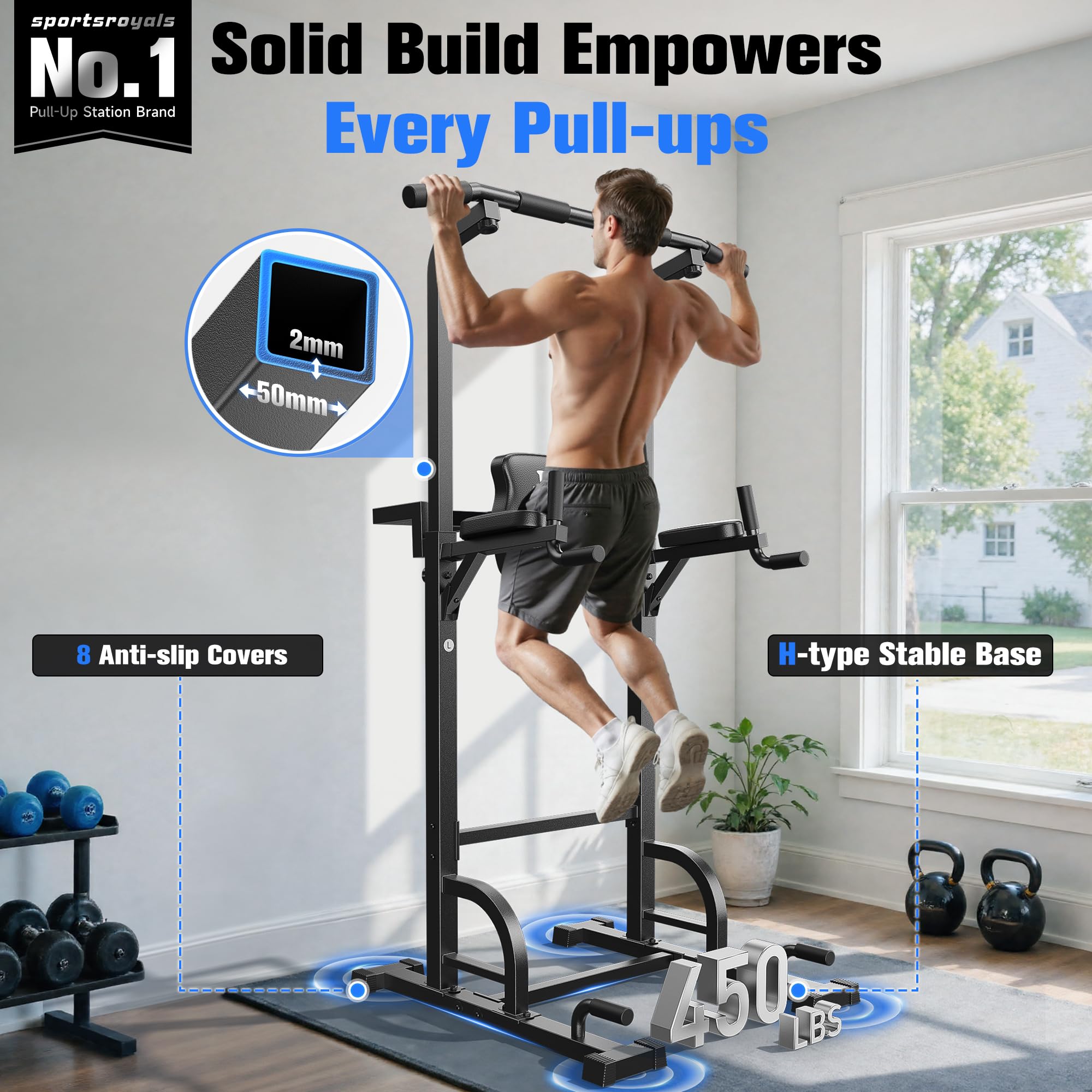 Sportsroyals Power Tower Pull Up Bar Station, 450LBS Stable Pull Up Dip Station for Home Gym Strength Training Equipment | FED Fitness