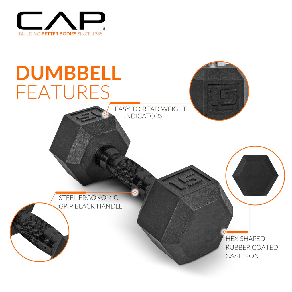 CAP Rubber Coated Hex Dumbbell Set with Storage Rack | 100–210 lb Options, Space-Saving Vertical Compact Storage for Home Gym Strength Training