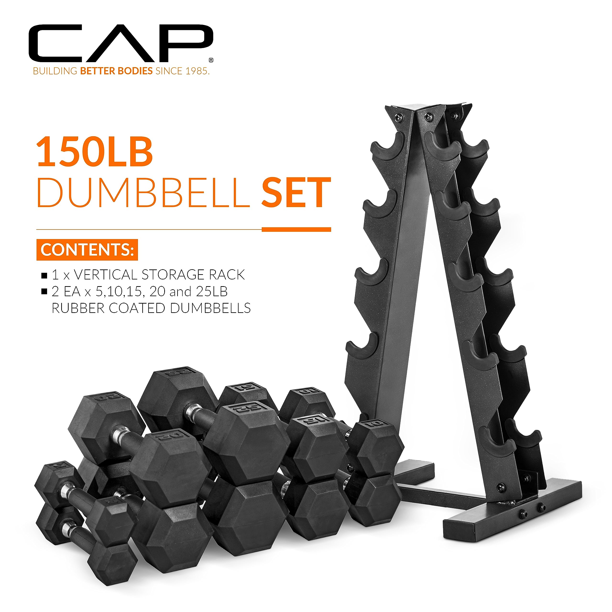 CAP Rubber Coated Hex Dumbbell Set with Storage Rack | 100–210 lb Options, Space-Saving Vertical Compact Storage for Home Gym Strength Training