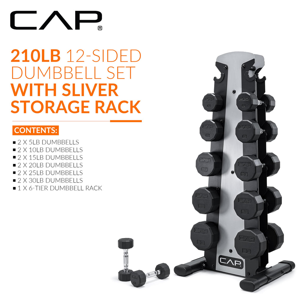 CAP Rubber Coated Hex Dumbbell Set with Storage Rack | 100–210 lb Options, Space-Saving Vertical Compact Storage for Home Gym Strength Training