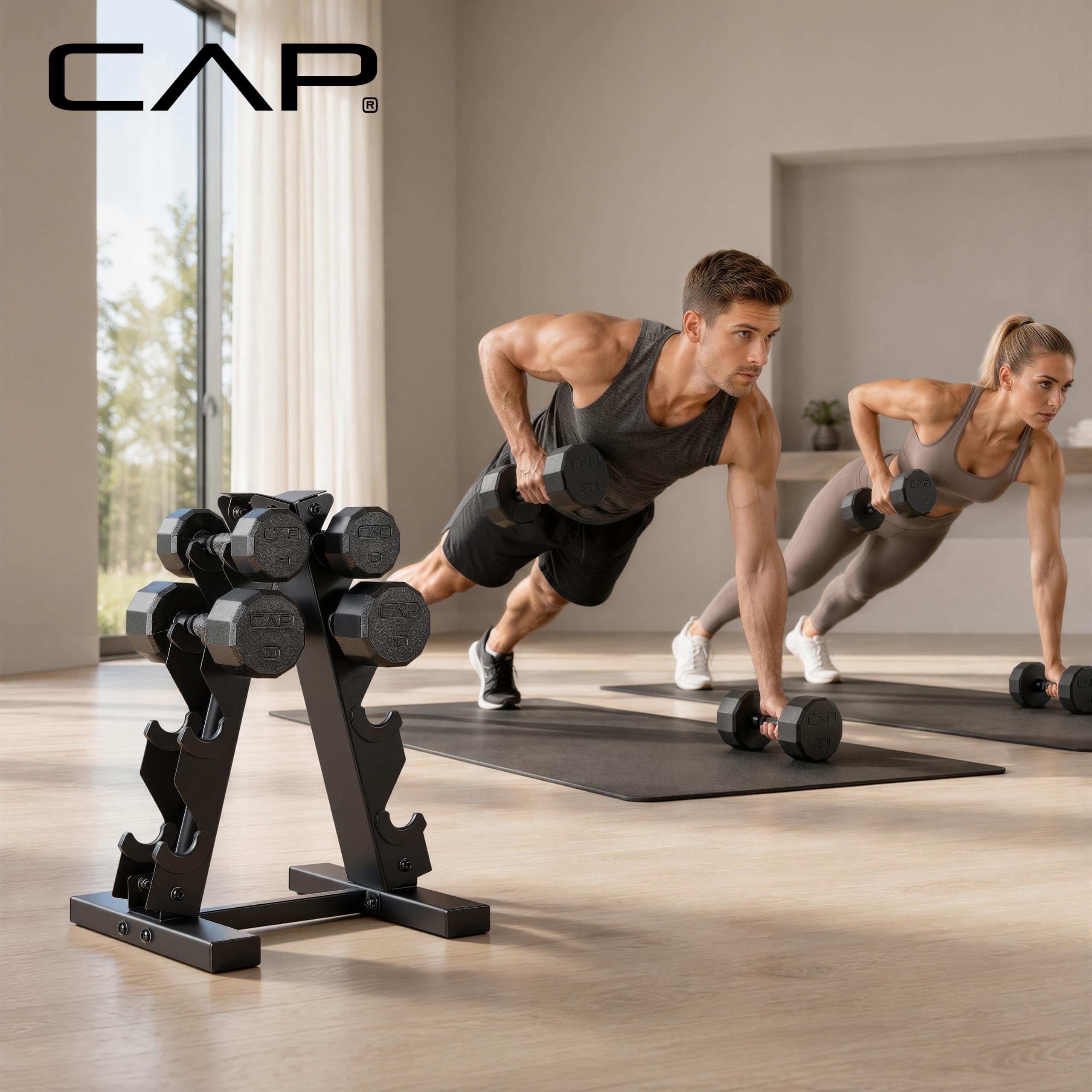 CAP Rubber Coated Hex Dumbbell Set with Storage Rack | 100–210 lb Options, Space-Saving Vertical Compact Storage for Home Gym Strength Training