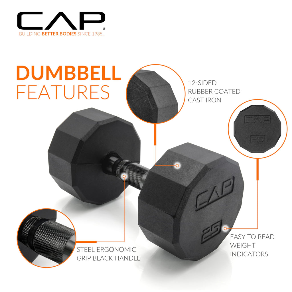 CAP Rubber Coated Hex Dumbbell Set with Storage Rack | 100–210 lb Options, Space-Saving Vertical Compact Storage for Home Gym Strength Training