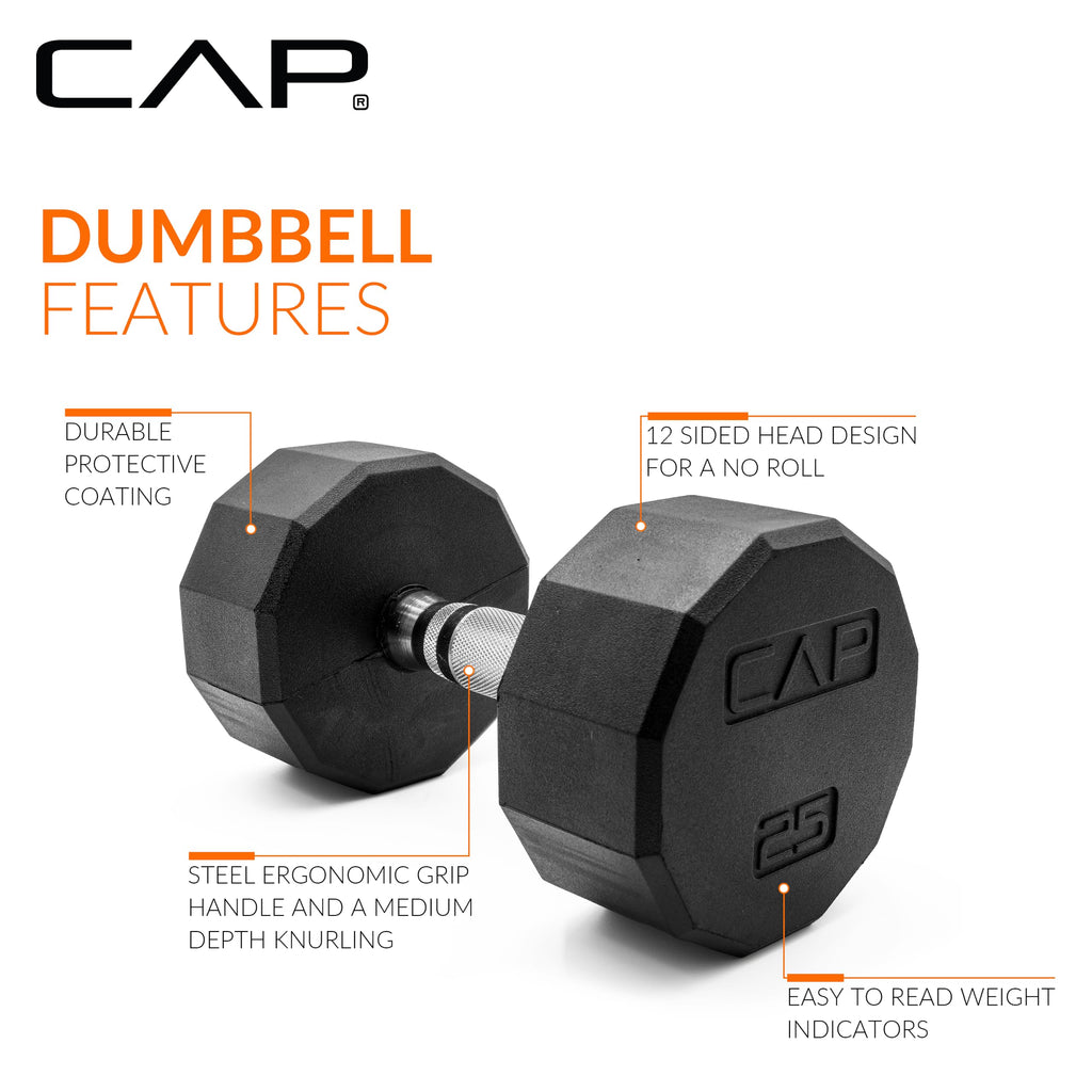 CAP Rubber Coated Hex Dumbbell Set with Storage Rack | 100–210 lb Options, Space-Saving Vertical Compact Storage for Home Gym Strength Training