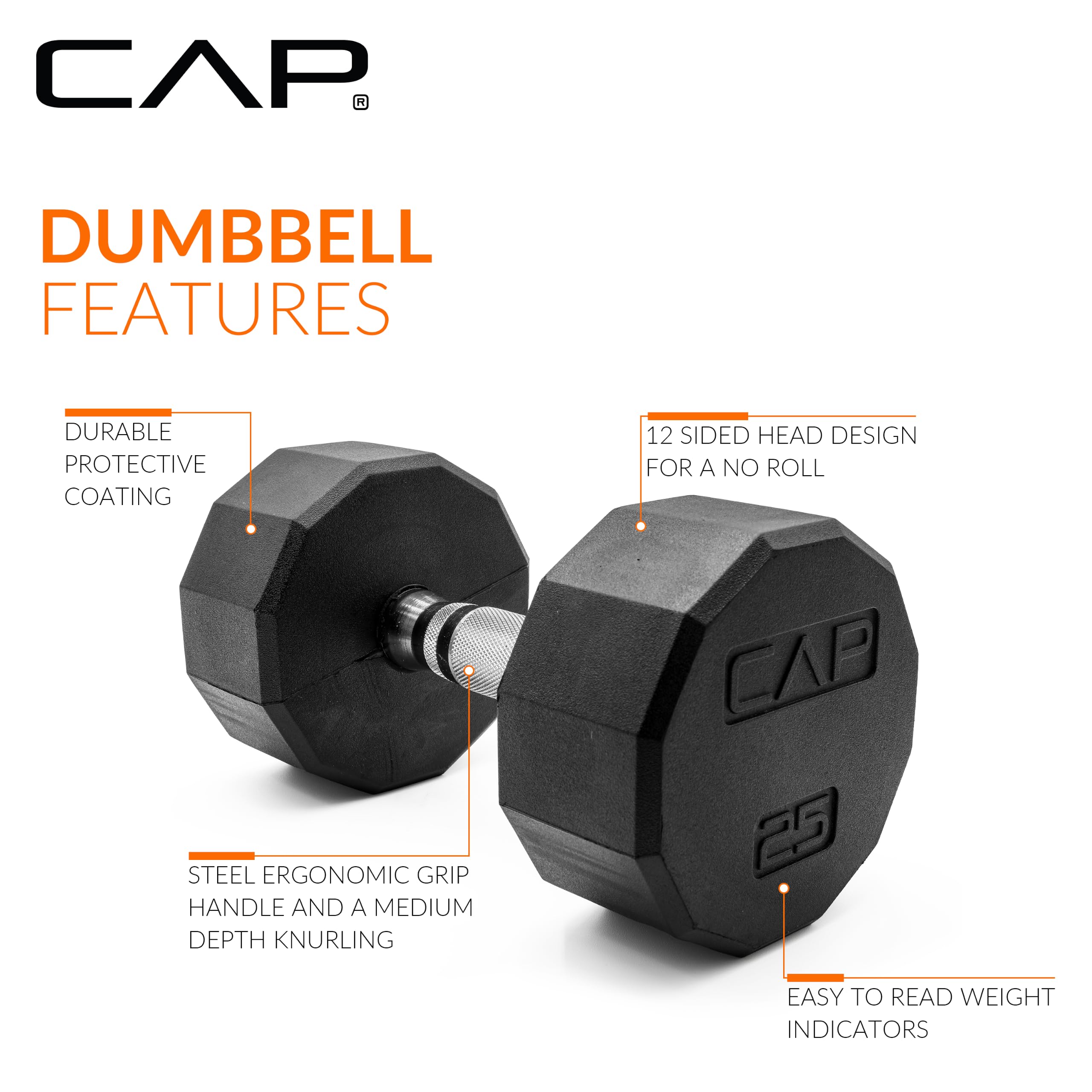 CAP Rubber Coated Hex Dumbbell Set with Storage Rack | 100–210 lb Options, Space-Saving Vertical Compact Storage for Home Gym Strength Training