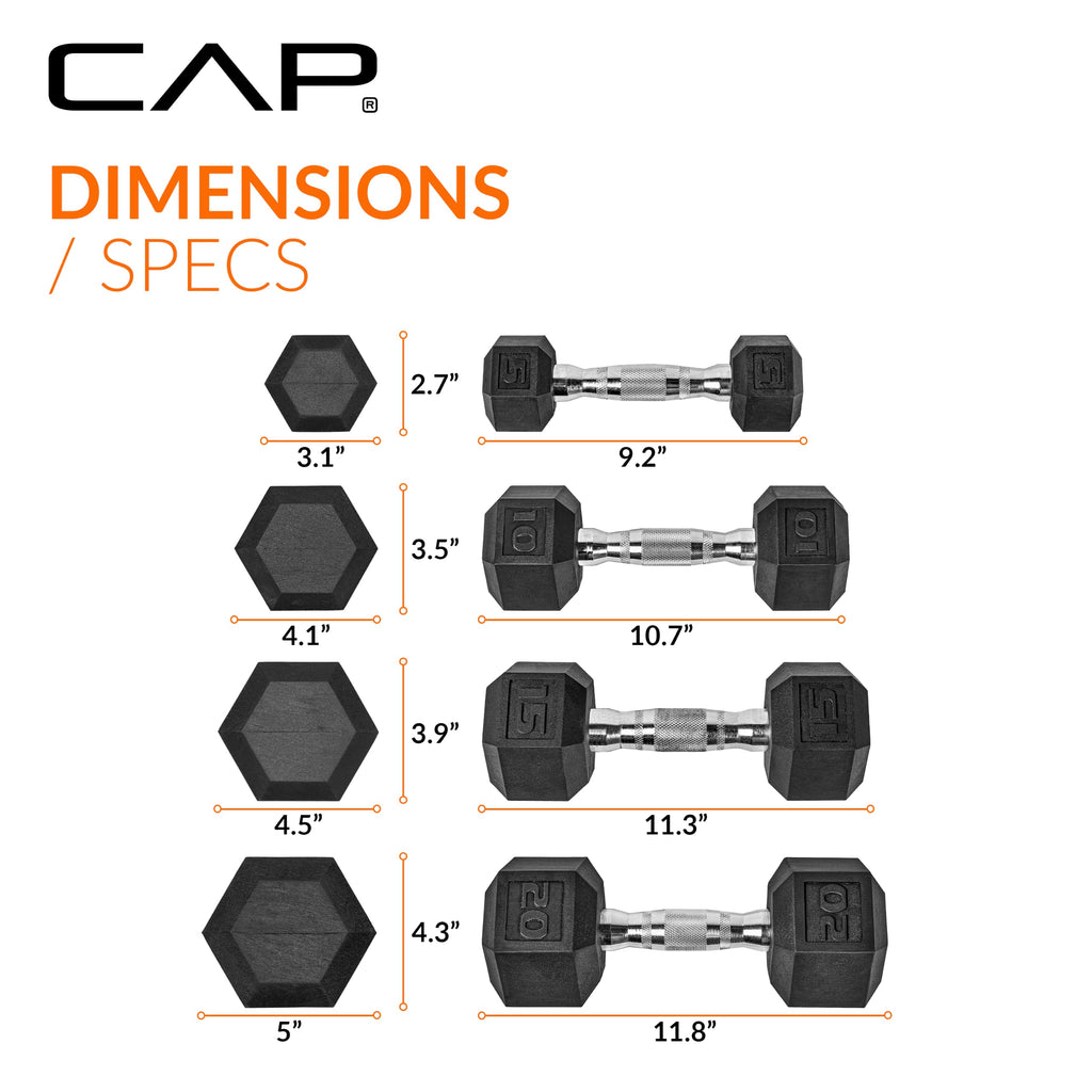 CAP Rubber Coated Hex Dumbbell Set with Storage Rack | 100–210 lb Options, Space-Saving Vertical Compact Storage for Home Gym Strength Training