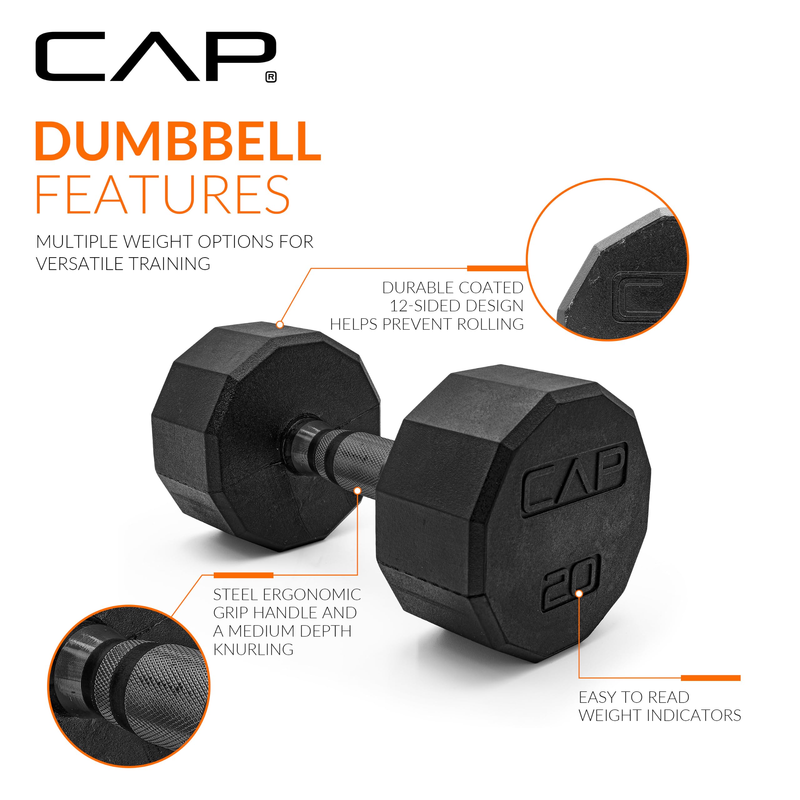 CAP Rubber Coated Hex Dumbbell Set with Storage Rack | 100–210 lb Options, Space-Saving Vertical Compact Storage for Home Gym Strength Training