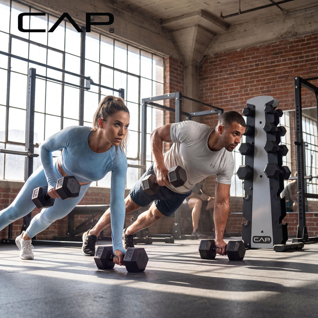 CAP Rubber Coated Hex Dumbbell Set with Storage Rack | 100–210 lb Options, Space-Saving Vertical Compact Storage for Home Gym Strength Training