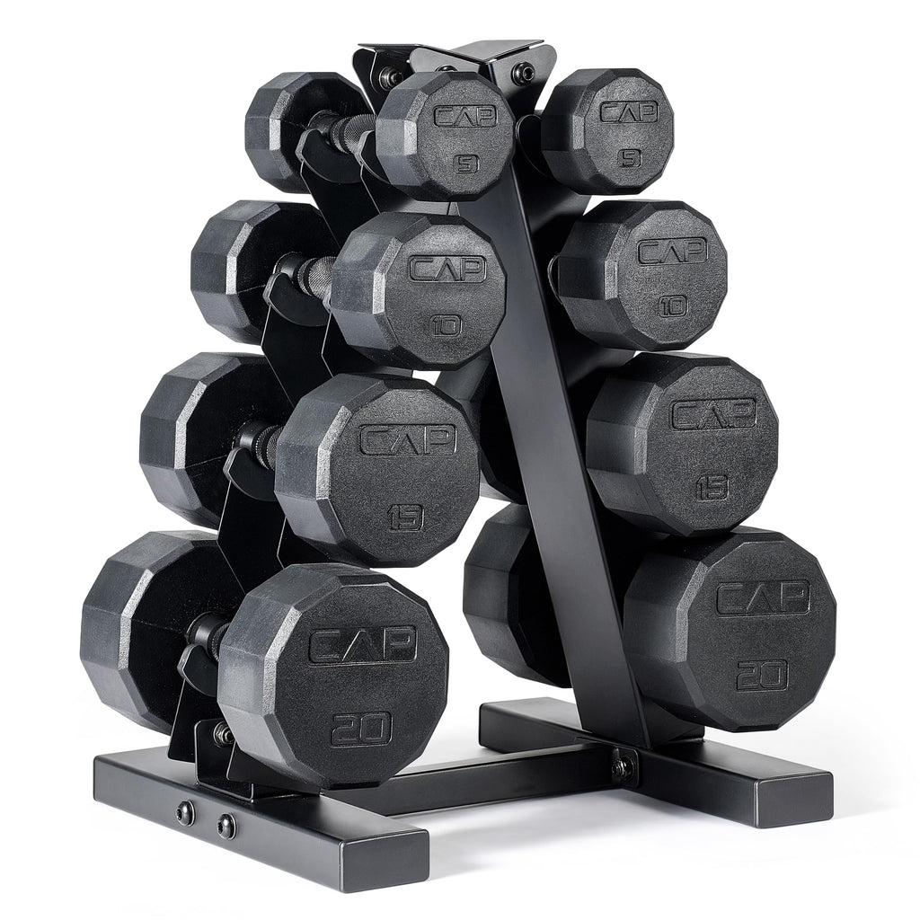 CAP Rubber Coated Hex Dumbbell Set with Storage Rack | 100–210 lb Options, Space-Saving Vertical Compact Storage for Home Gym Strength Training