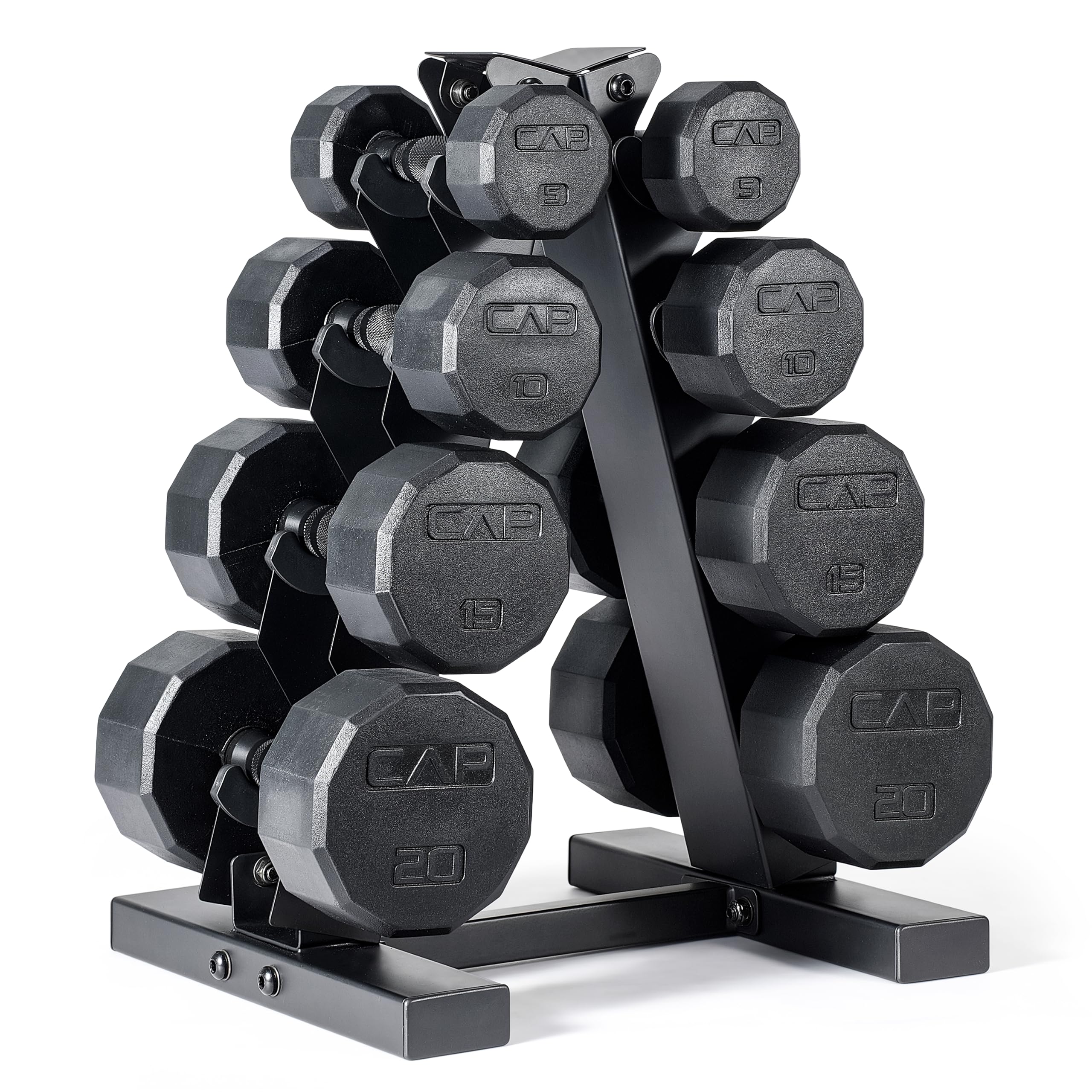 CAP Rubber Coated Hex Dumbbell Set with Storage Rack | 100–210 lb Options, Space-Saving Vertical Compact Storage for Home Gym Strength Training