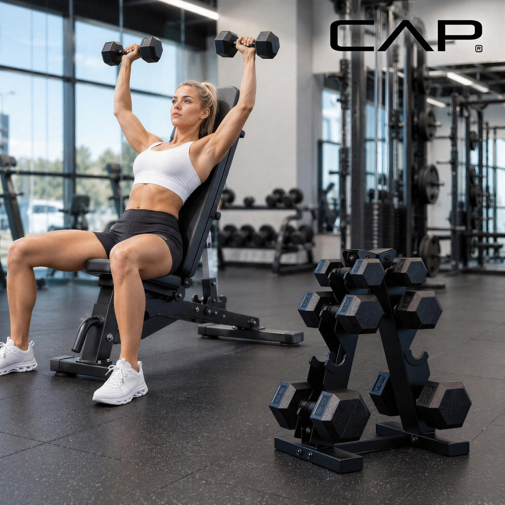 CAP Rubber Coated Hex Dumbbell Set with Storage Rack | 100–210 lb Options, Space-Saving Vertical Compact Storage for Home Gym Strength Training