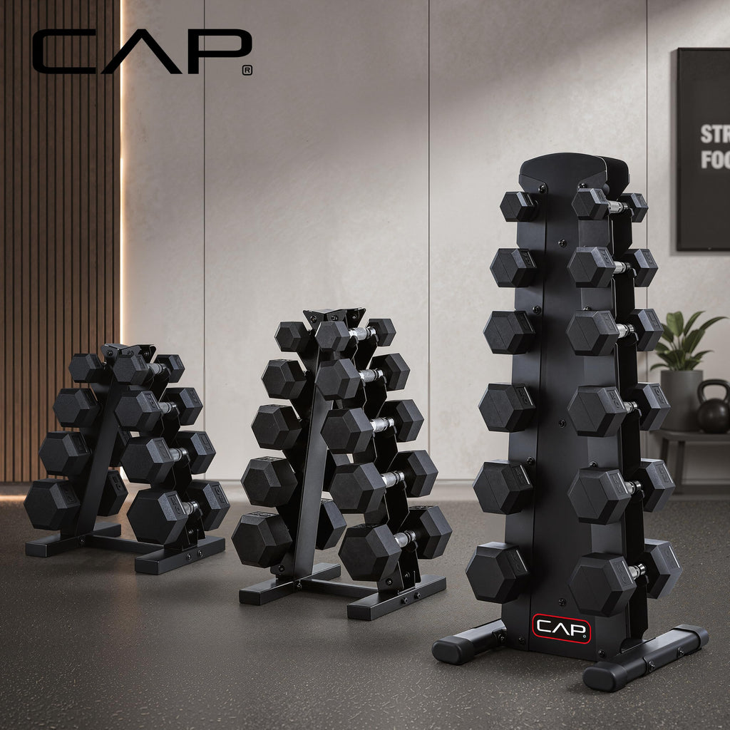 CAP Rubber Coated Hex Dumbbell Set with Storage Rack | 100–210 lb Options, Space-Saving Vertical Compact Storage for Home Gym Strength Training