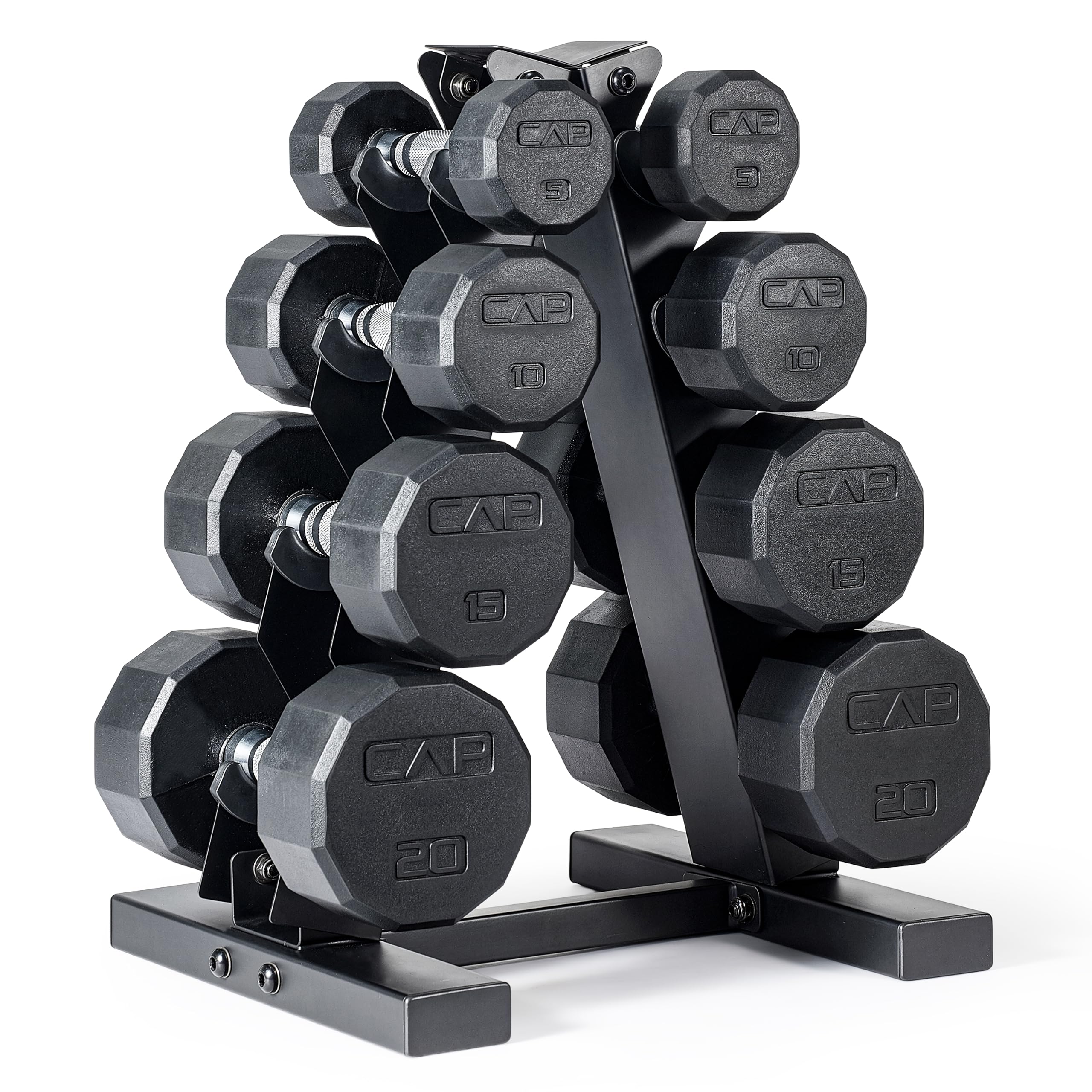 CAP Rubber Coated Hex Dumbbell Set with Storage Rack | 100–210 lb Options, Space-Saving Vertical Compact Storage for Home Gym Strength Training